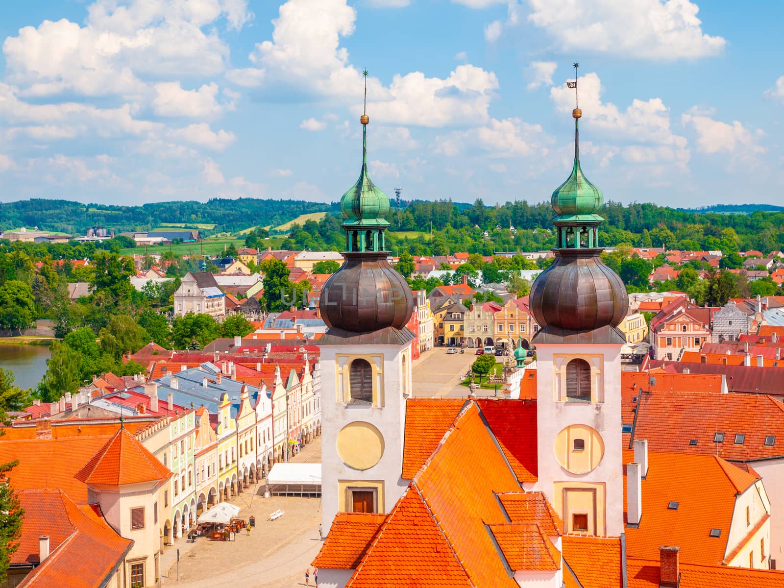 Aerial view of Telc with main square and towers of church of the Holy Name of Jesus, Czech Republic. UNESCO World Heritage Site by pyty