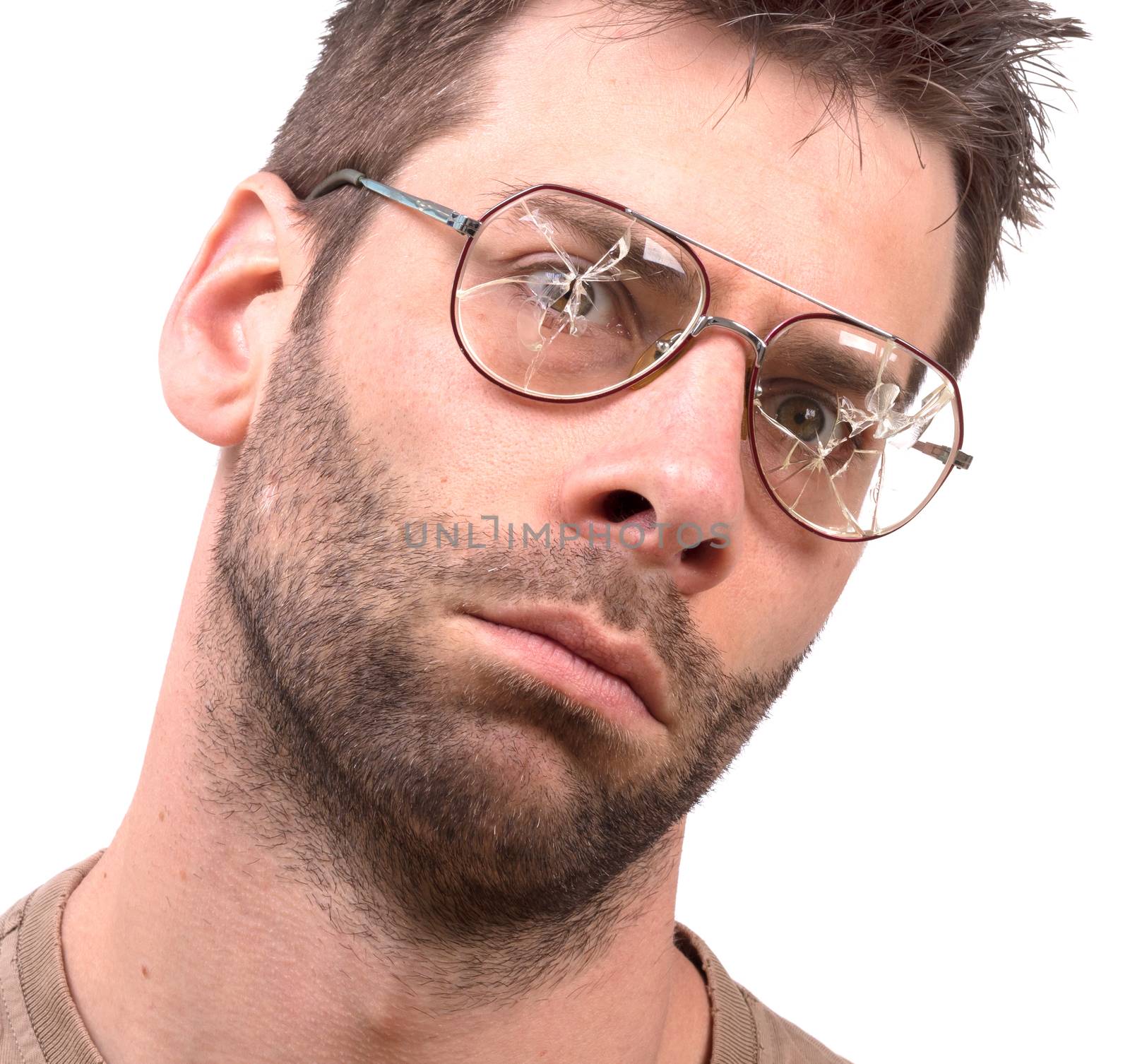 Goofy man with broken vintage glasses - Isolated on white