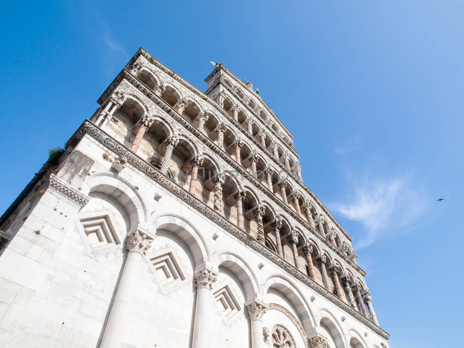 White marble ornamental portal of San Michele in Foro - Roman Catholic basilica in Lucca, Tuscany, Italy by pyty