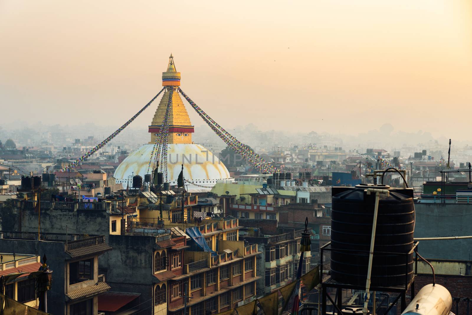 Boudhanath stupa at sunset, in Kathmandu, Nepal