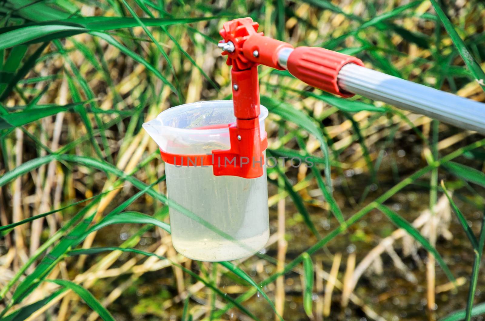 Take samples of water for laboratory testing. The concept - analysis of water purity, environment, ecology