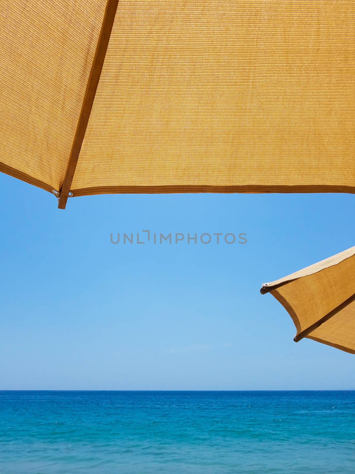 Two dark yellow sun umbrellas on the beach, the ocean and the blue sky.