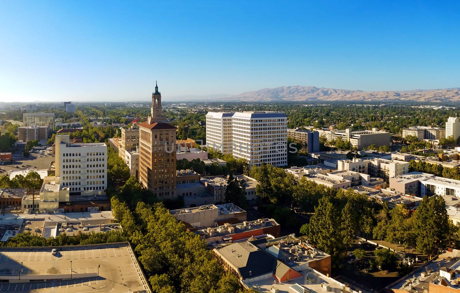 The view on the north part of the downtown of San Jose, California, the capitol of Silicon Valley, high tech center of the world, on a sunny day.