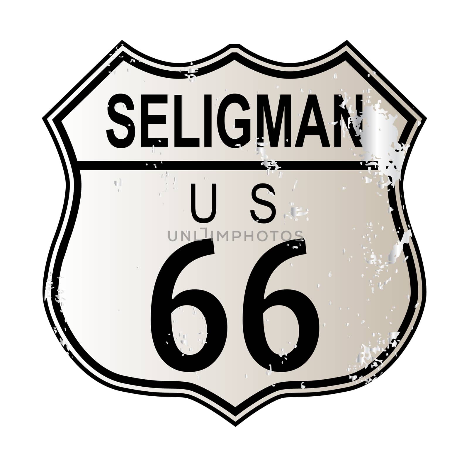 Seligman Route 66 traffic sign over a white background and the legend ROUTE US 66