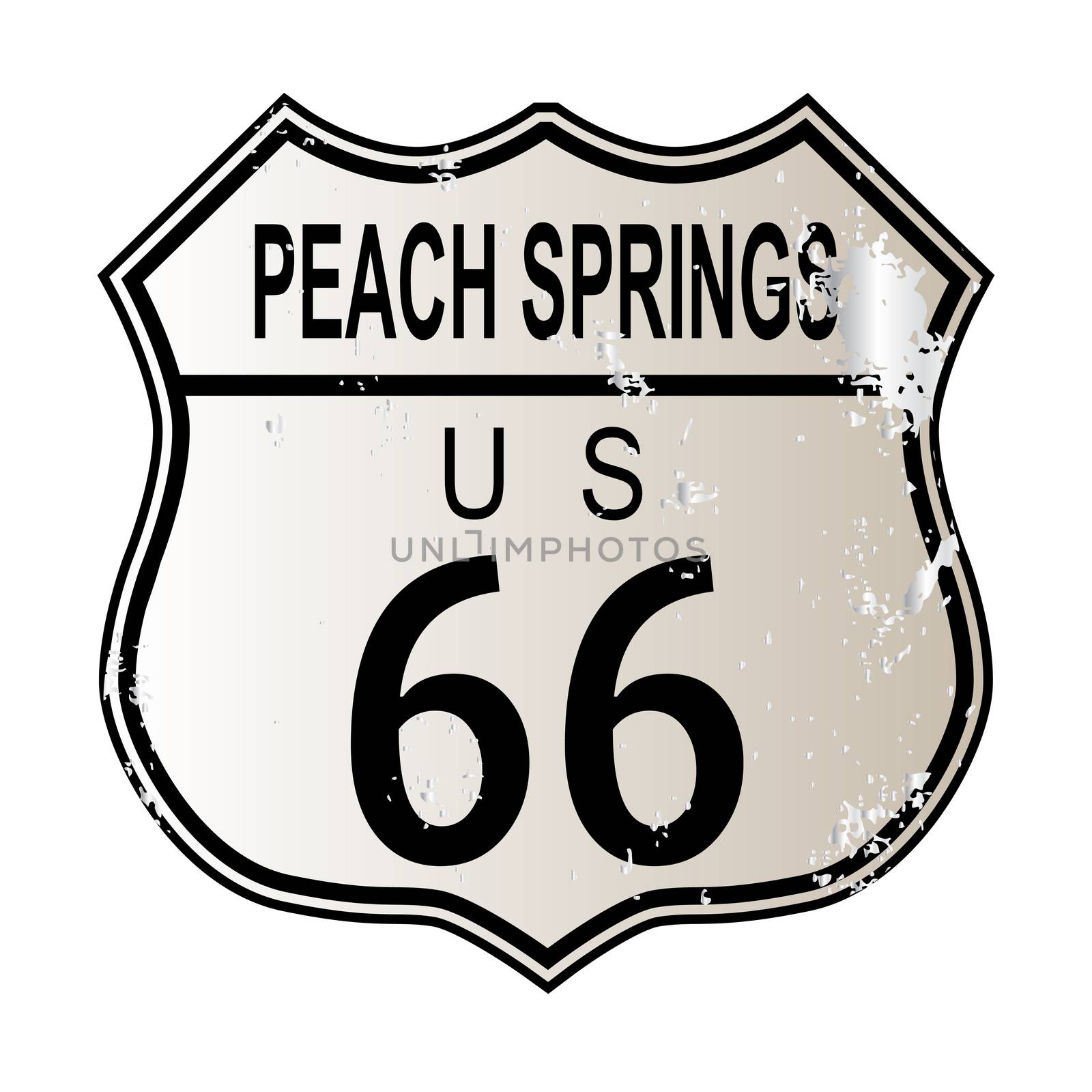 Peach Springs Route 66 traffic sign over a white background and the legend ROUTE US 66