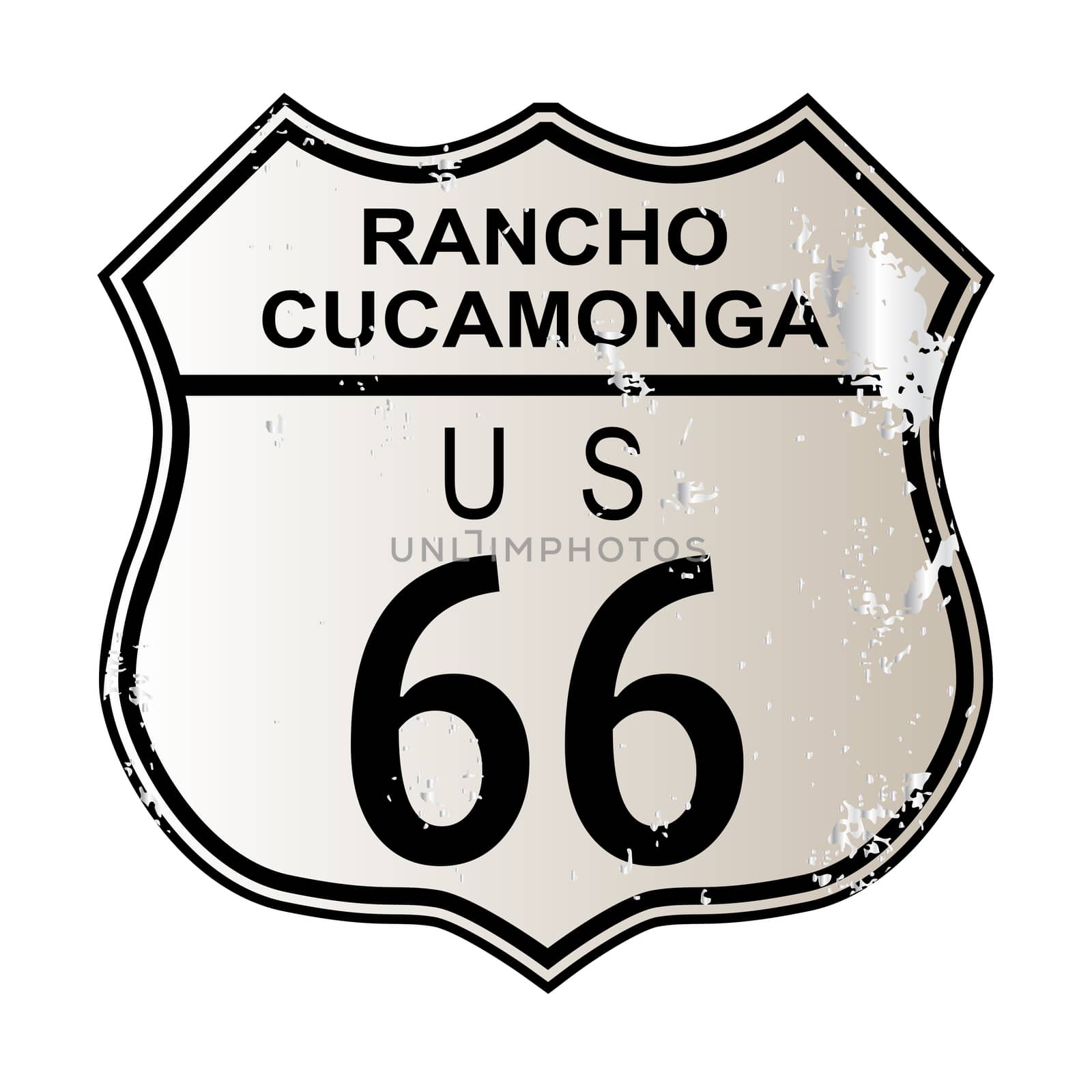 Rancho Cucamonga Route 66 traffic sign over a white background and the legend ROUTE US 66