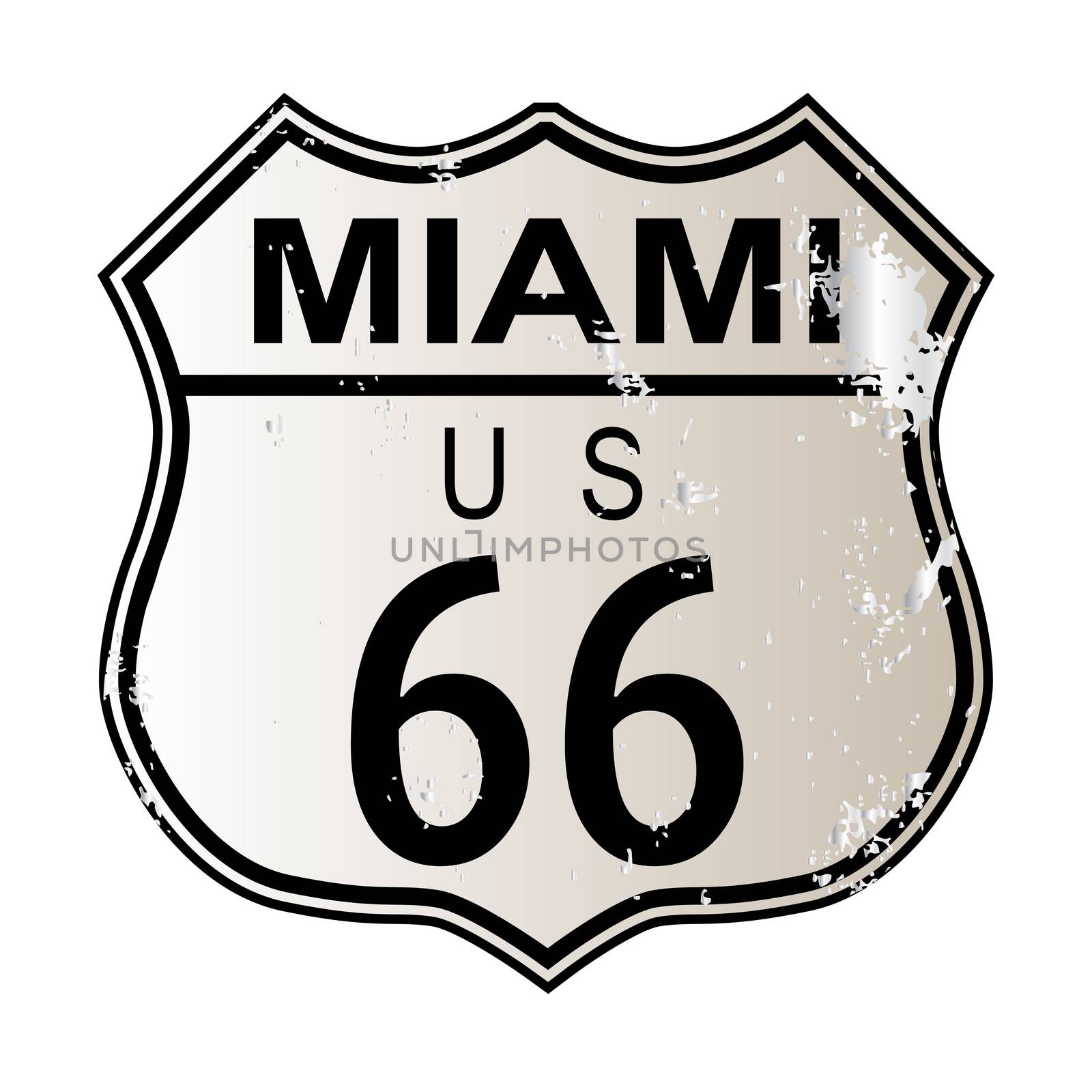 Miami Route 66 traffic sign over a white background and the legend ROUTE US 66