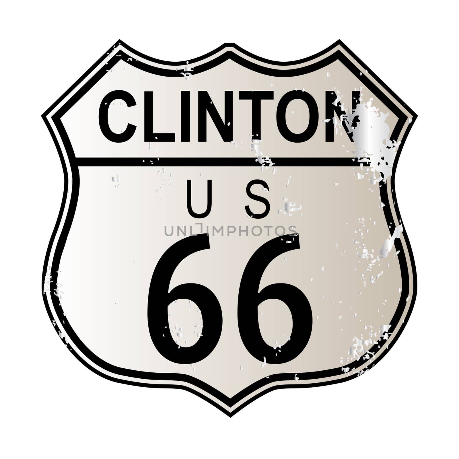 Clinton Route 66 traffic sign over a white background and the legend ROUTE US 66