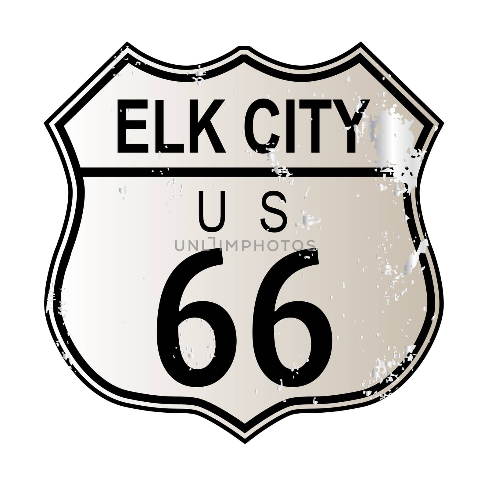 Elk City Route 66 traffic sign over a white background and the legend ROUTE US 66