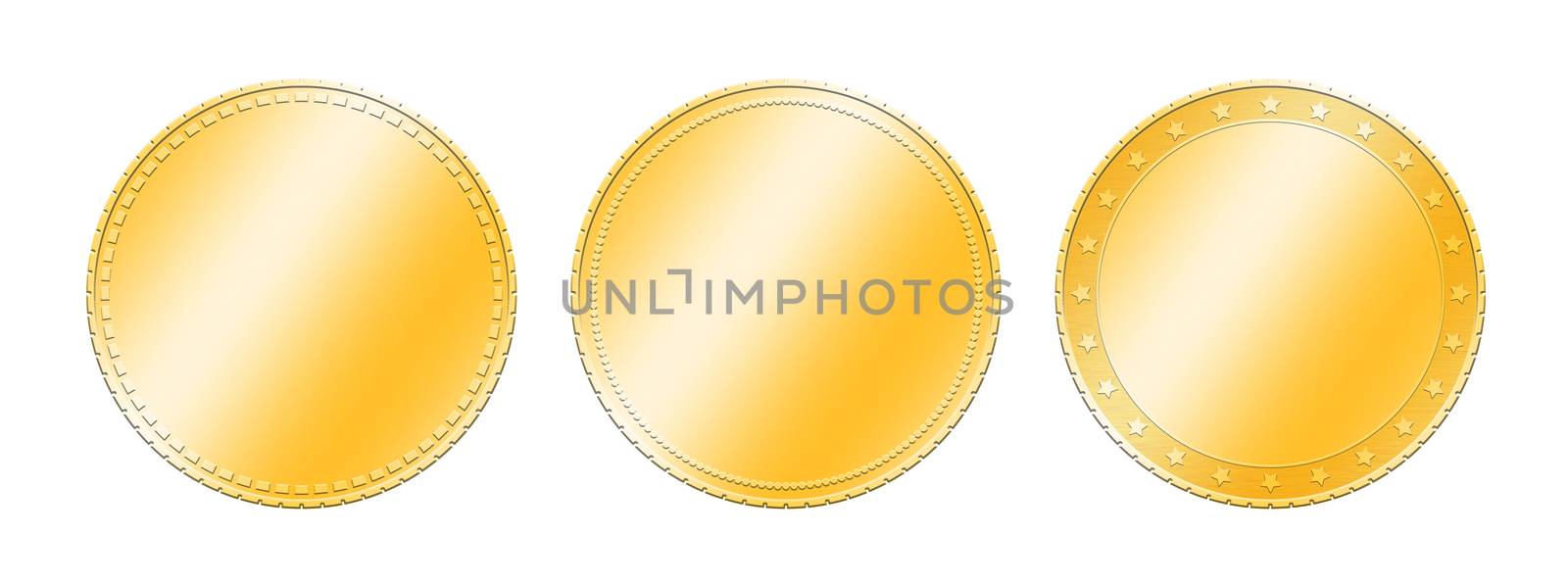 Close up three different golden metal blank coins template or award achievement badges isolated on white background