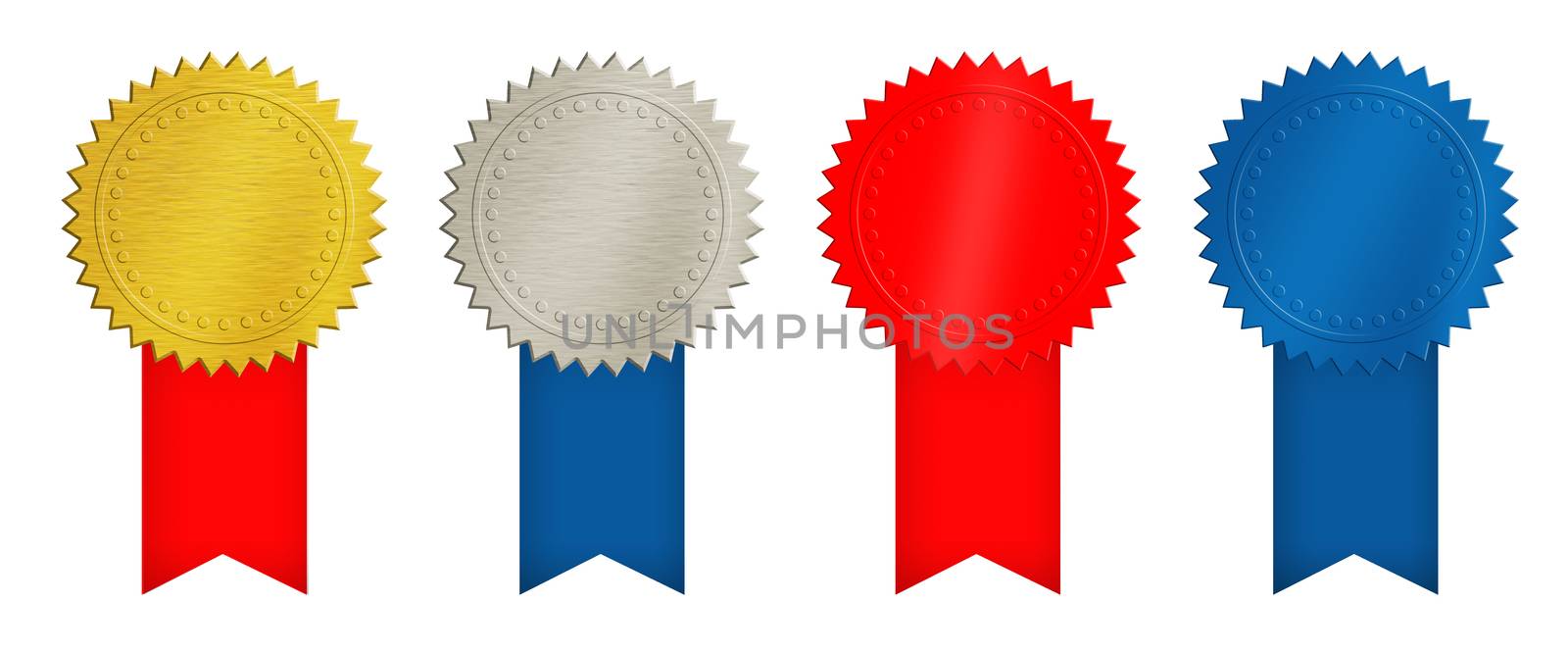 Set of four seal stamps, achievement and award badges (brushed metal gold, silver, blue and red) with ribbons isolated on white background