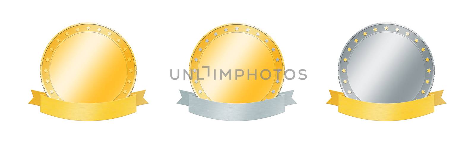 Set of three gold and silver achievement and award badges or medals with metal ribbon banners isolated on white background