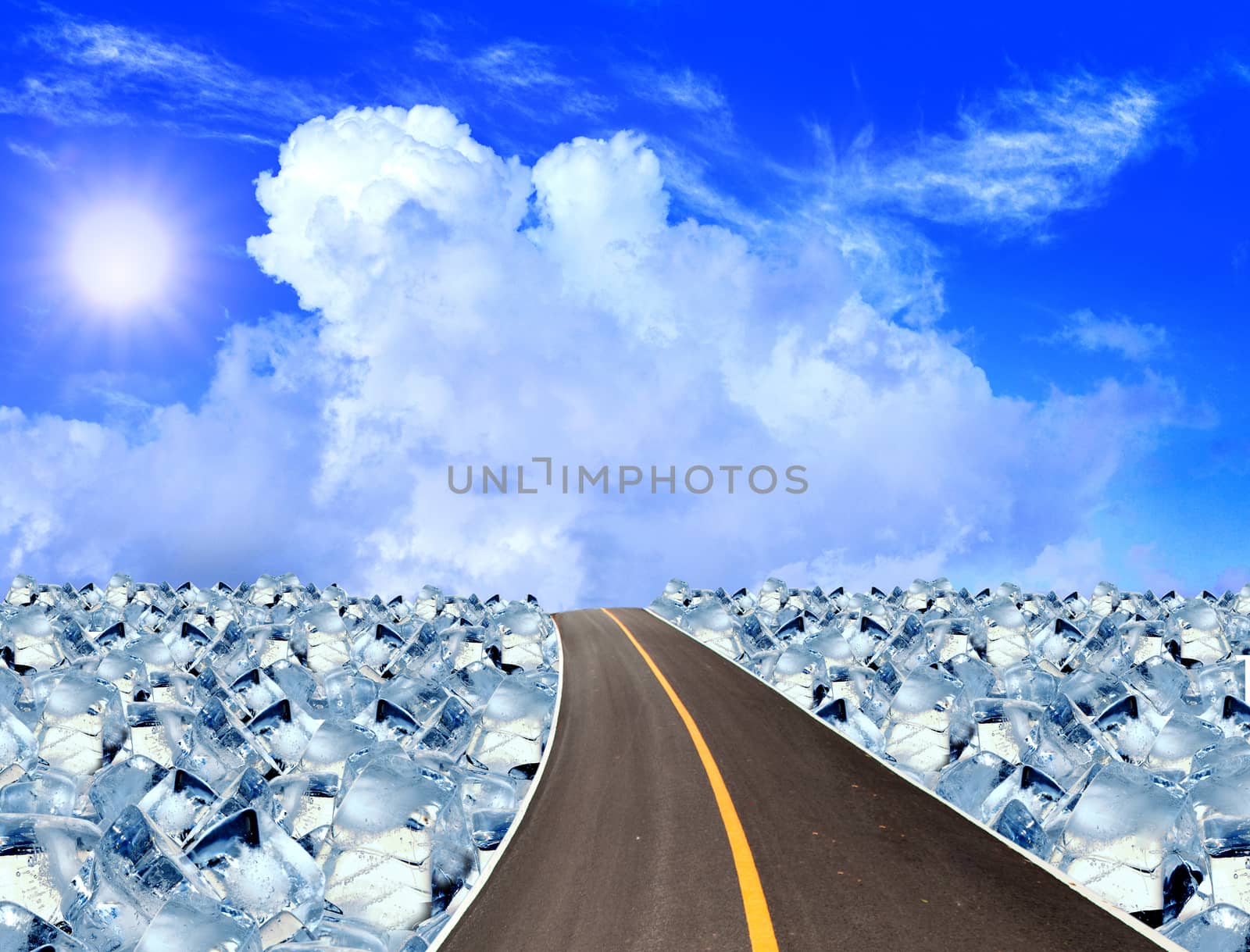 Asphalt road ,ice cubes in blue sky by sommai