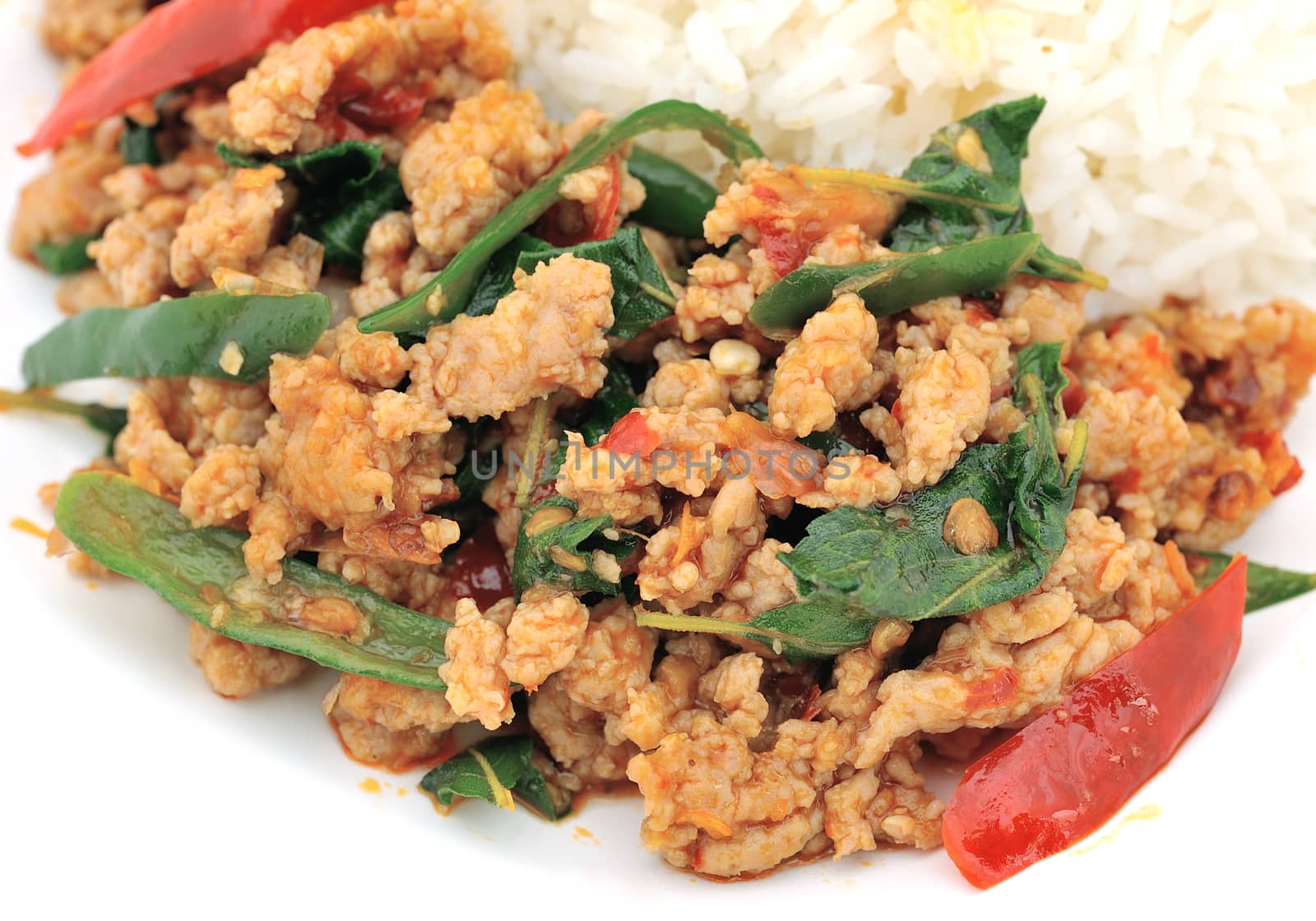 Thai spicy food, stir fried pork whit basil by sommai