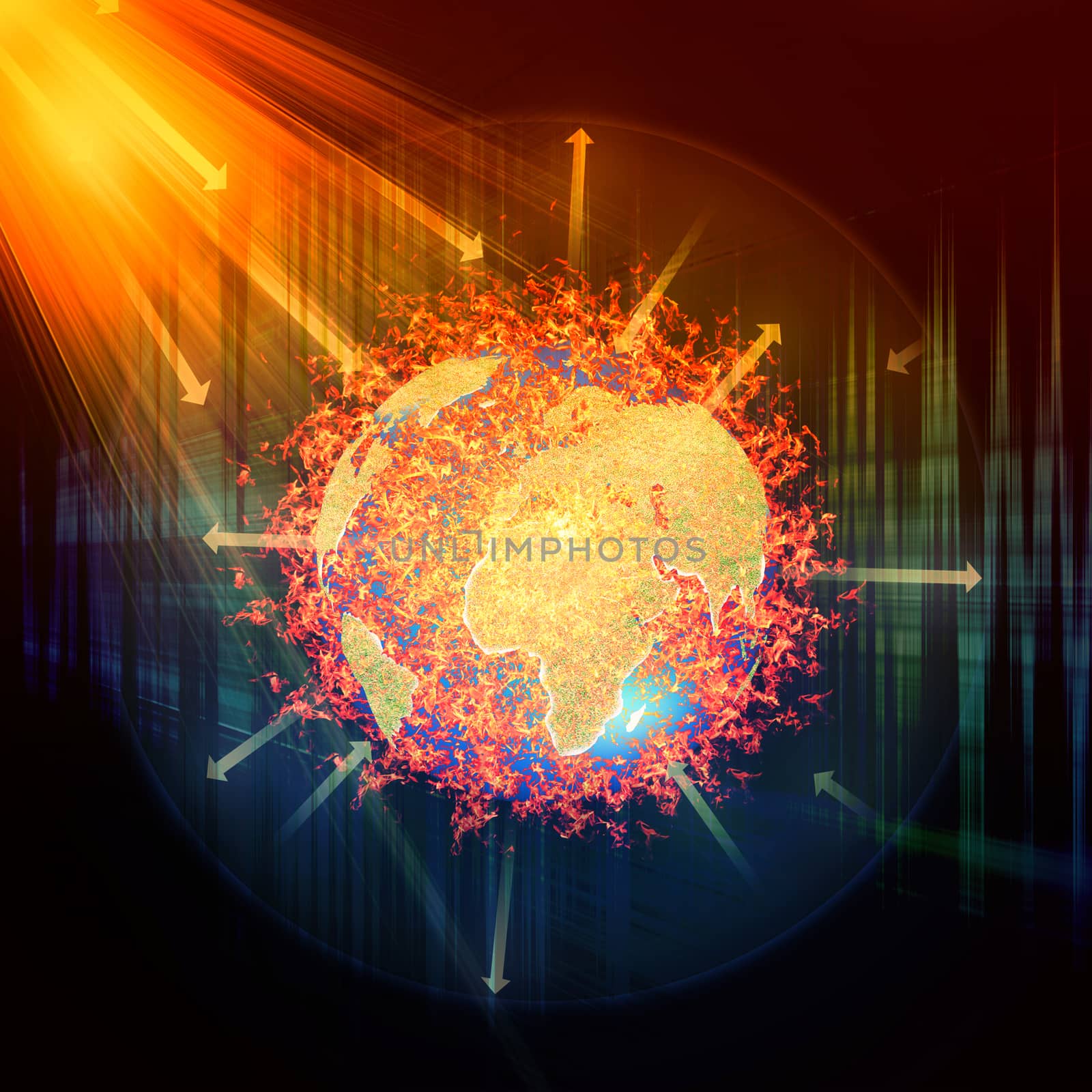 Earth atmosphere greenhouse effect scheme with sun rays and planet