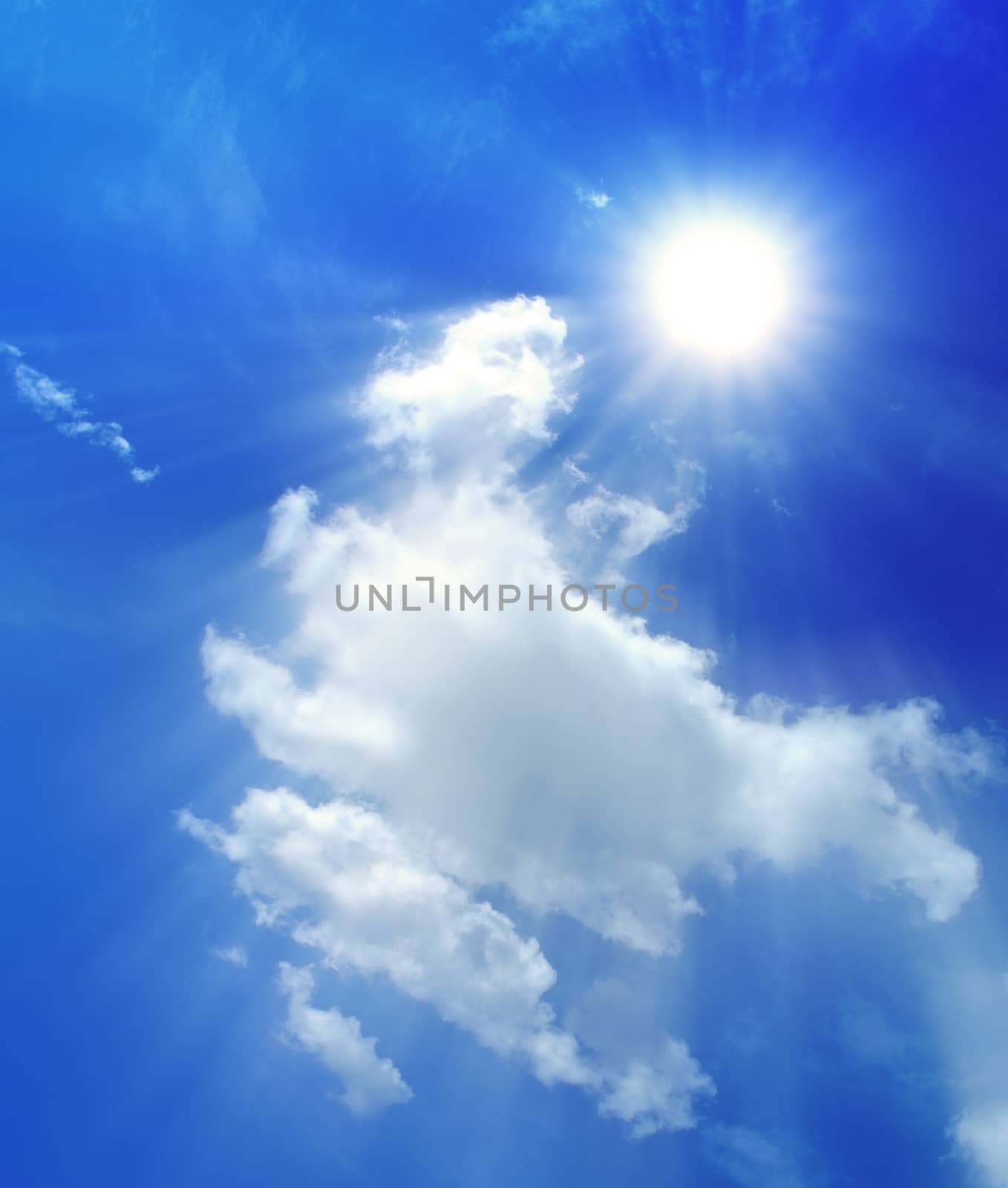 Blue sky with clouds and sun.