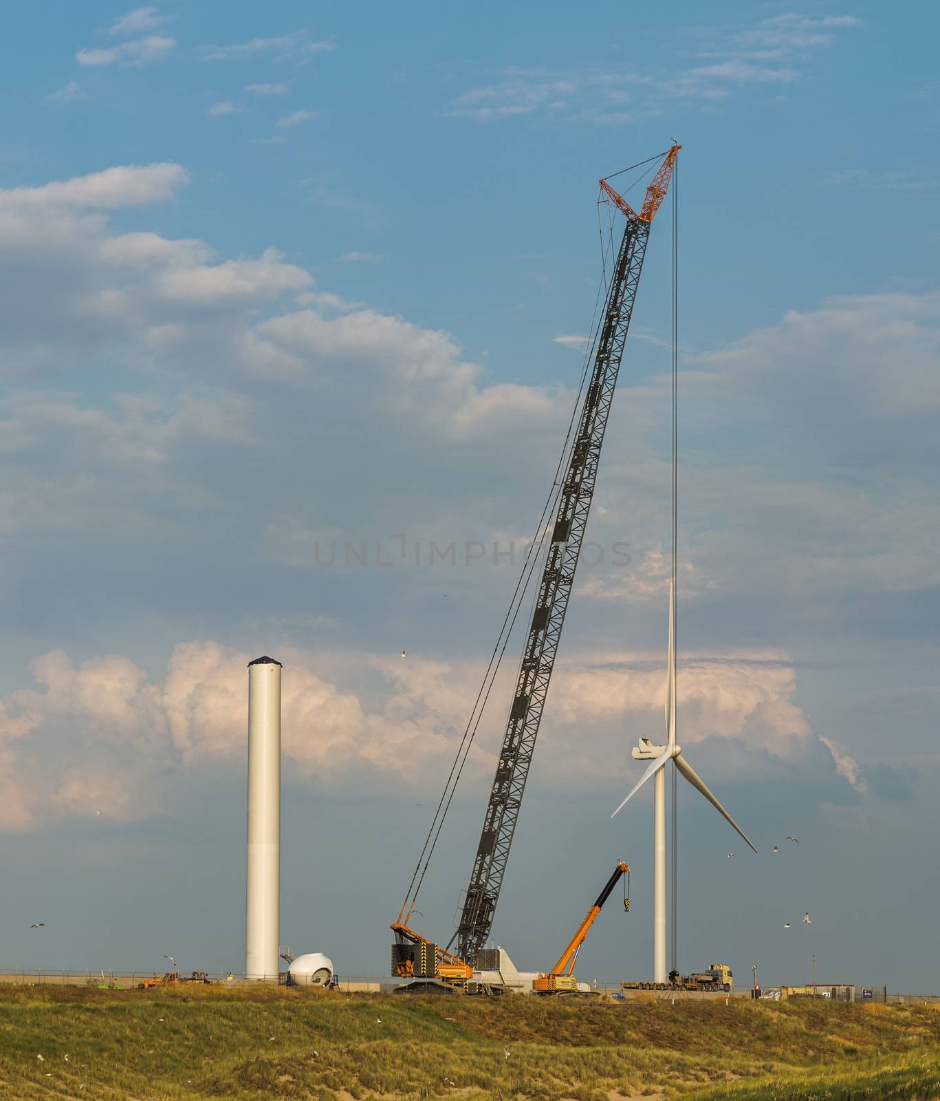 Rotterdam,Holland,16-July-2018:Building of new windmill in the europoort near Rotterdam , europoort is not near houses and they are building a windmill park there