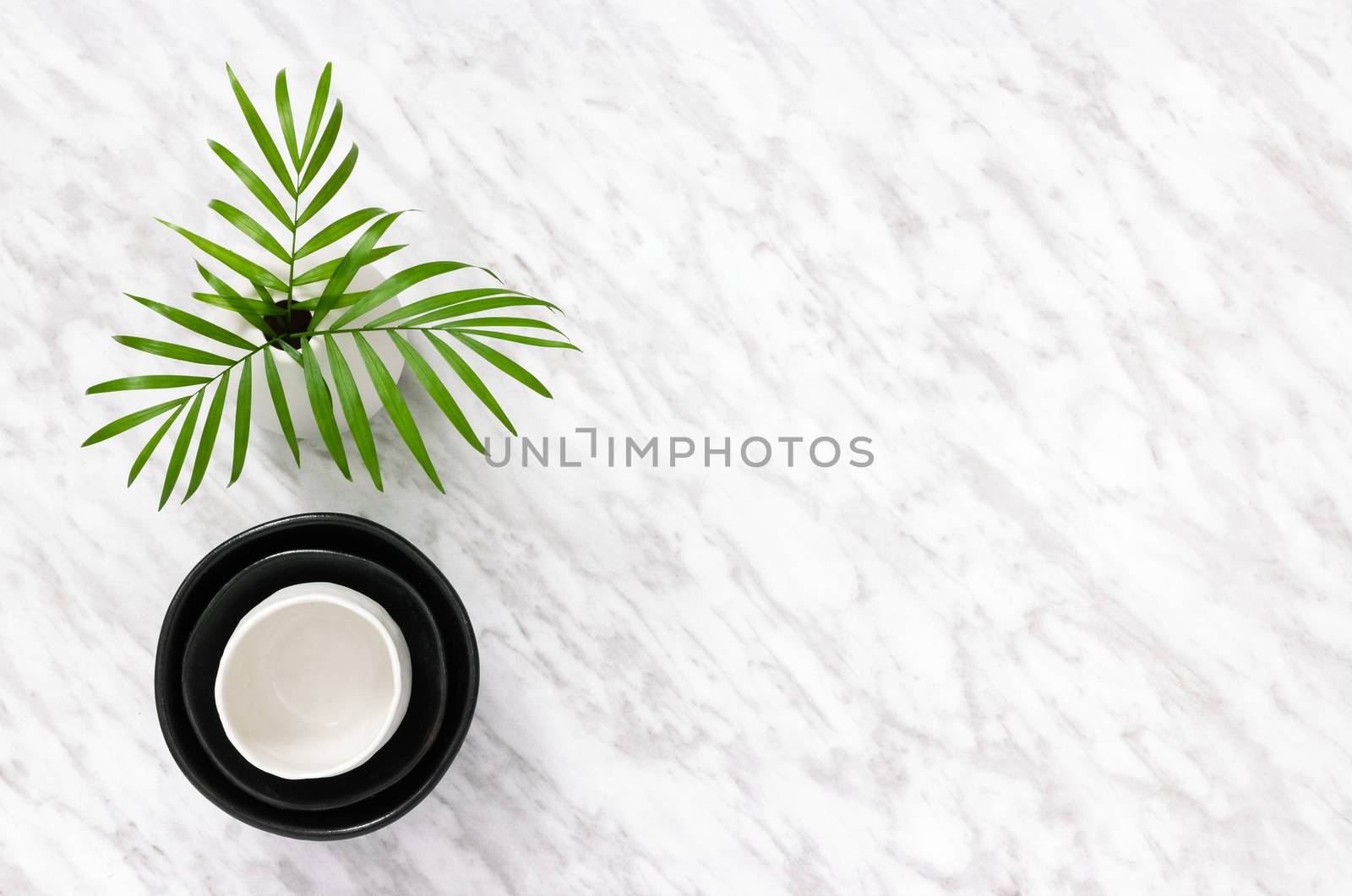 Black and white ceramics and palm leaves, on marble background with copy space.