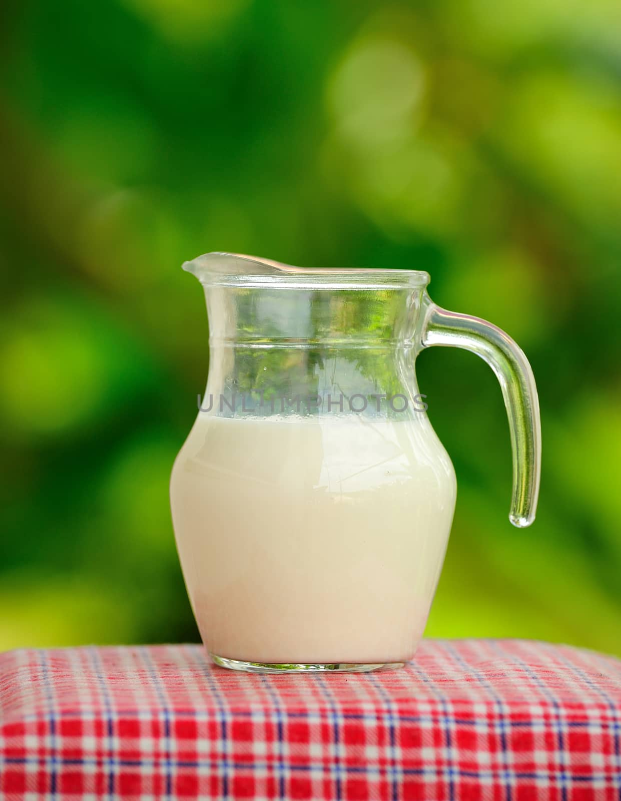 Pitcher of milk  in the garden. by sommai