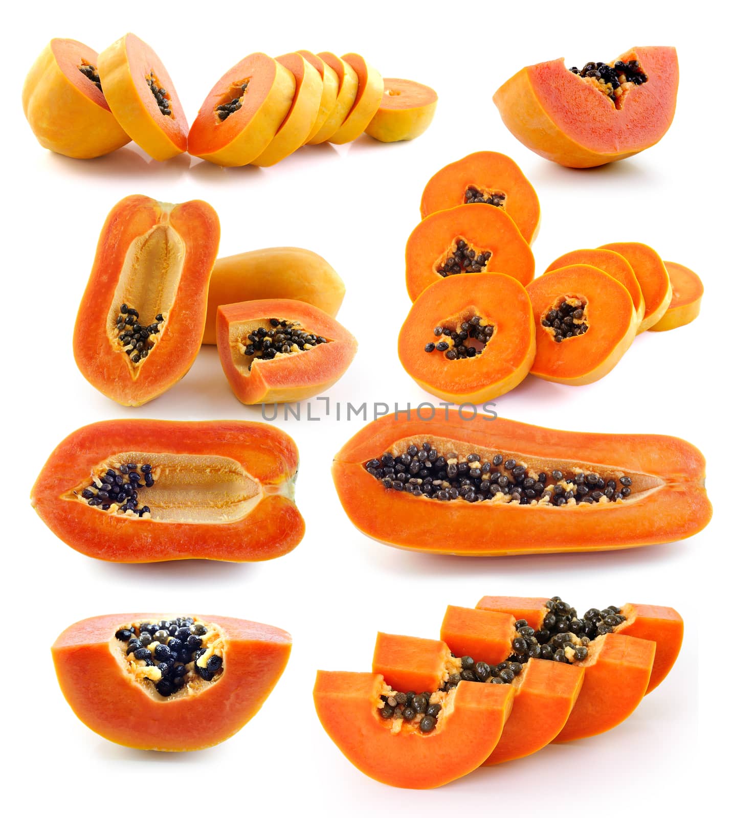 fresh ripe juicy papaya slice on white background by sommai