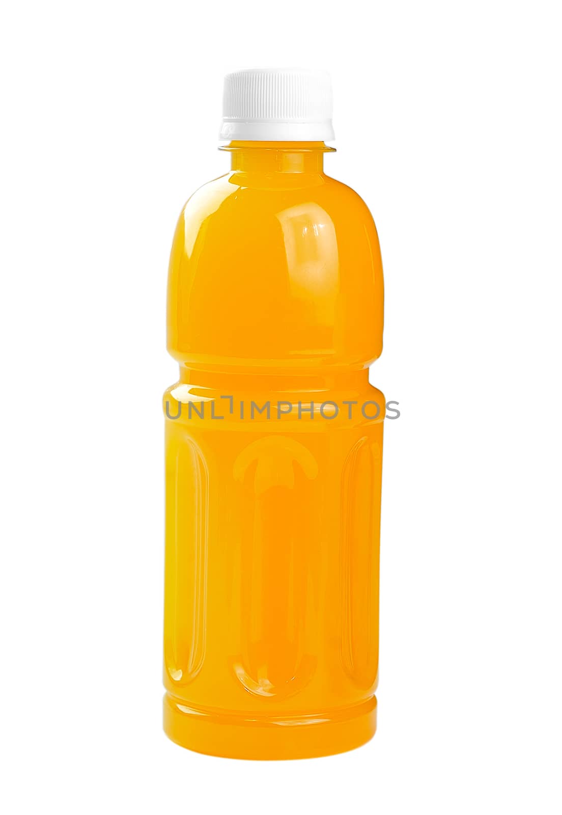 Plastic bottle and glass of orange juice by sommai