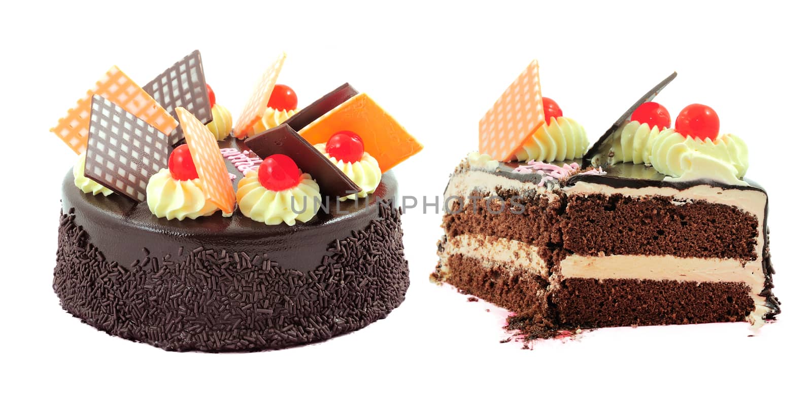 Chocolate cake isolated on white background by sommai