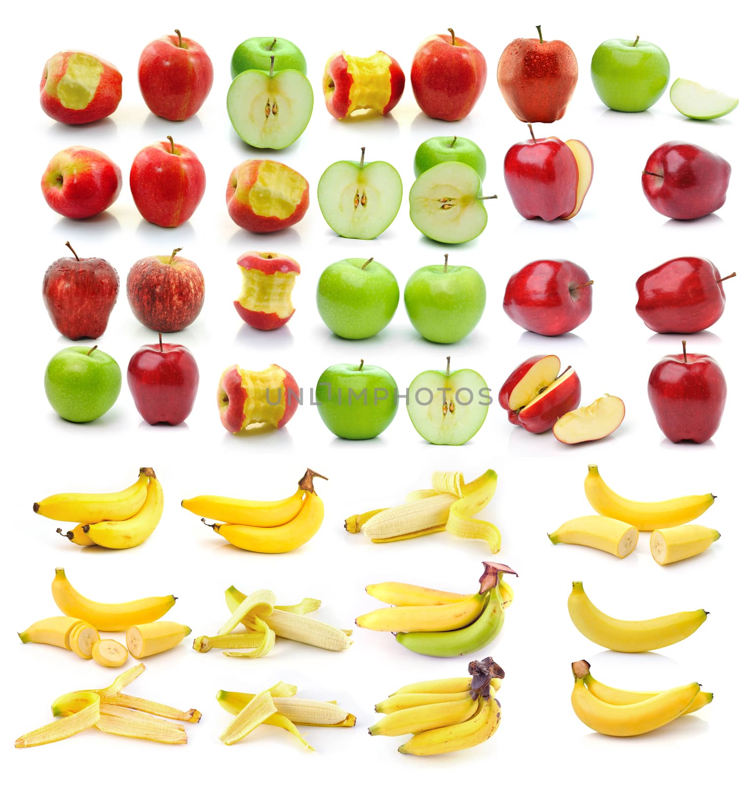 banana , Red ripe and green apple isolated on white background