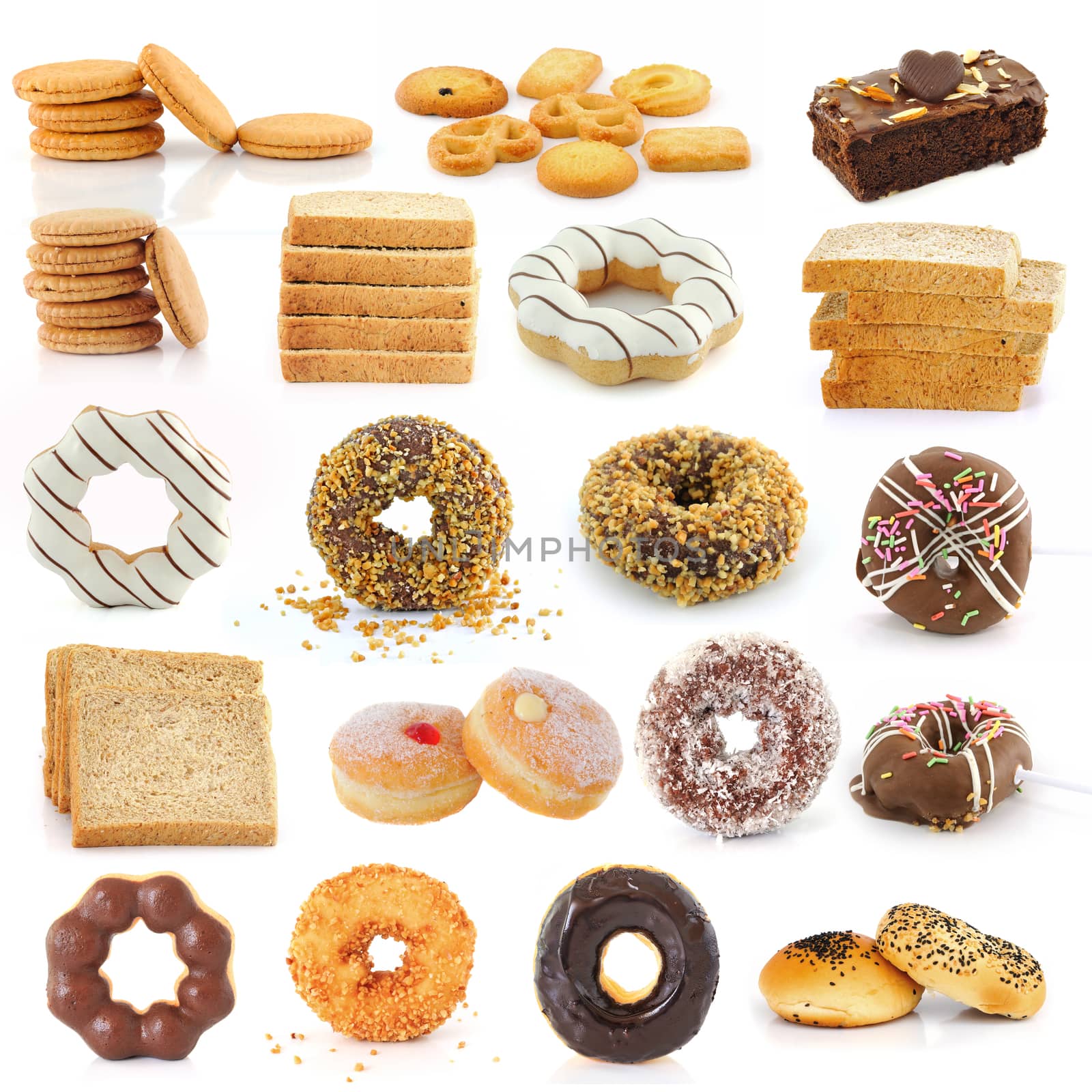 Cookies, bread, donuts, brownies isolated on white background by sommai
