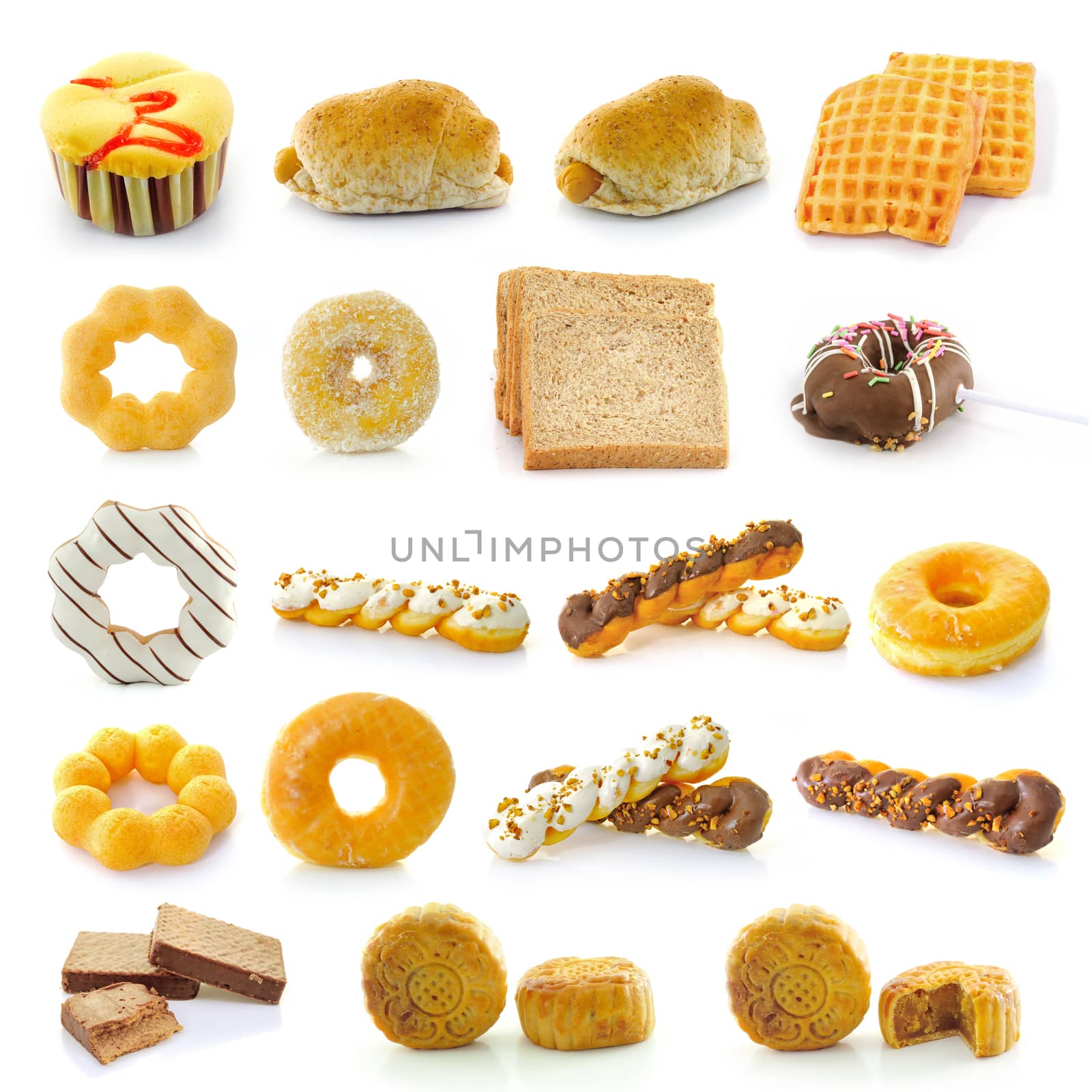 Bread, donuts, cakes, bread, sausage,  Mooncakes isolated on whi by sommai