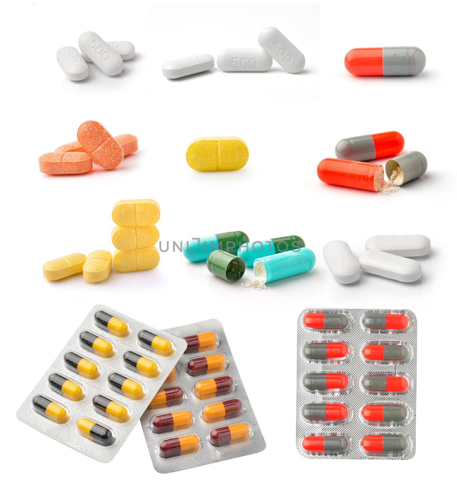 pills and capsules isolated on white background