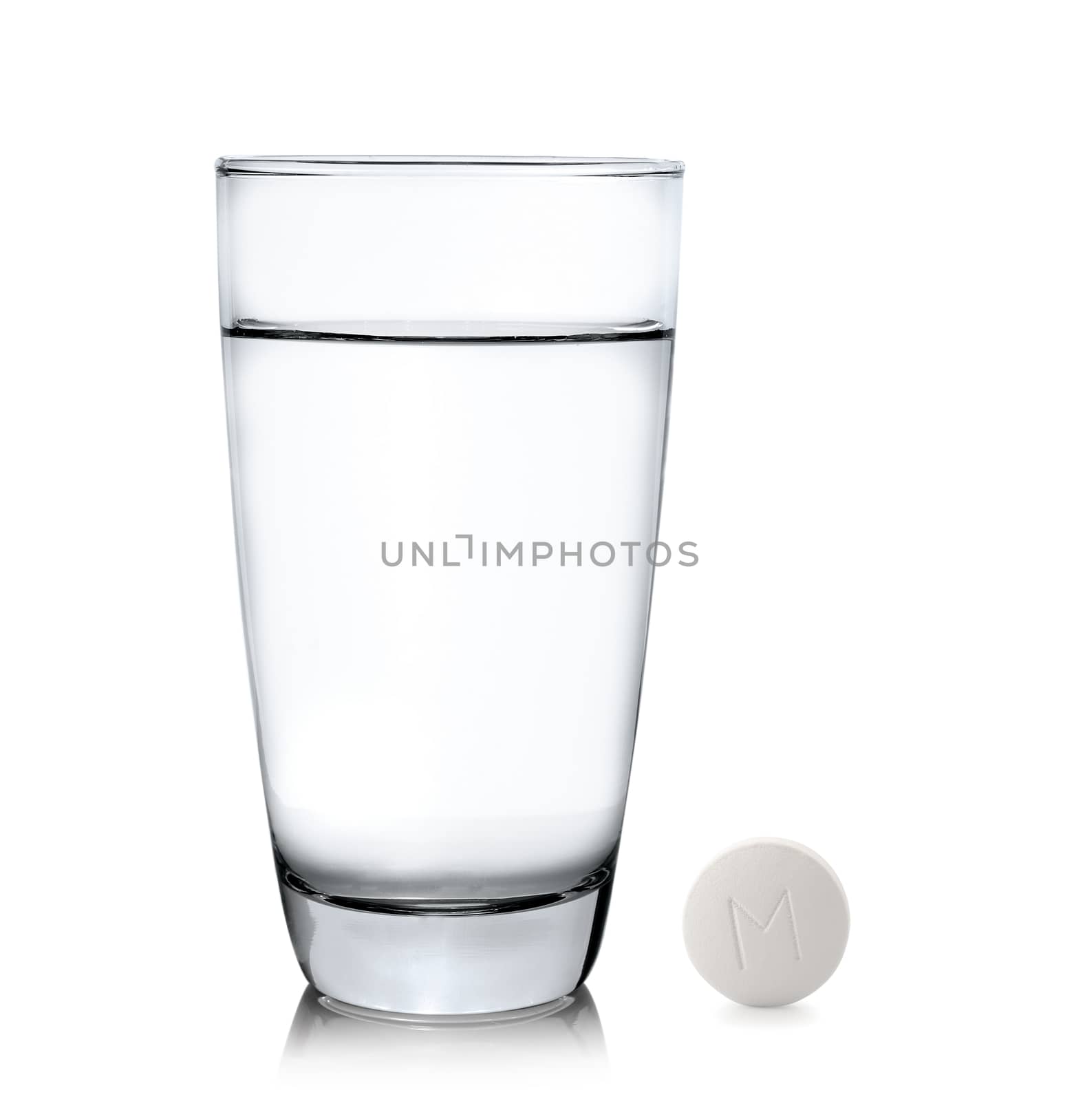 Glass of water and pills isolated on white background