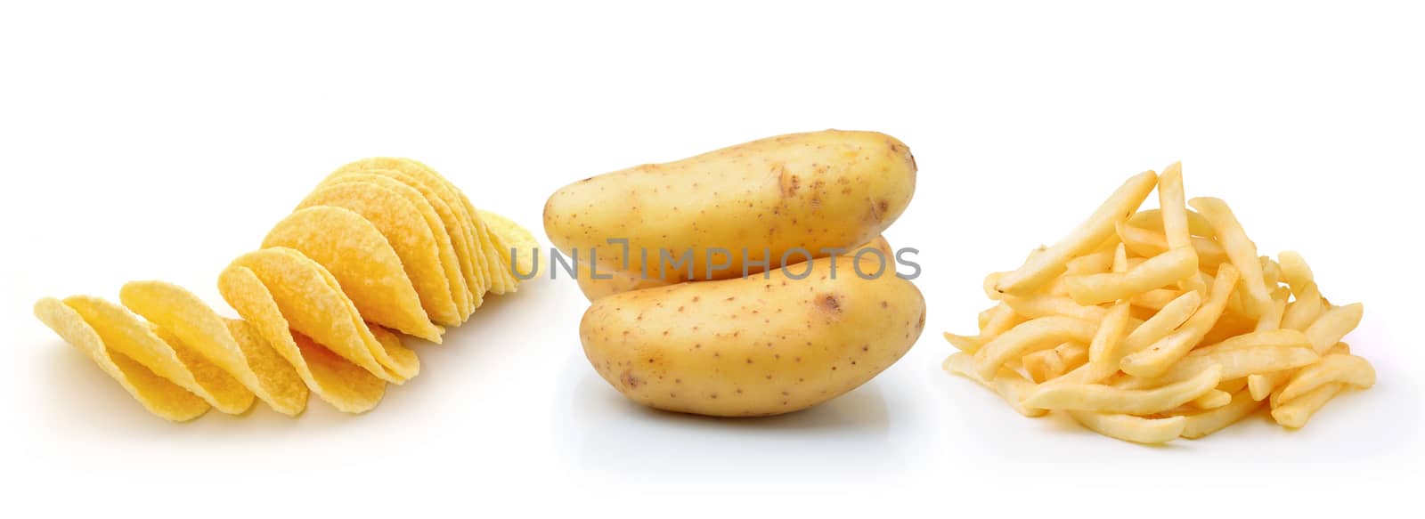 Potato chips, french fries and potato isolated on white background 