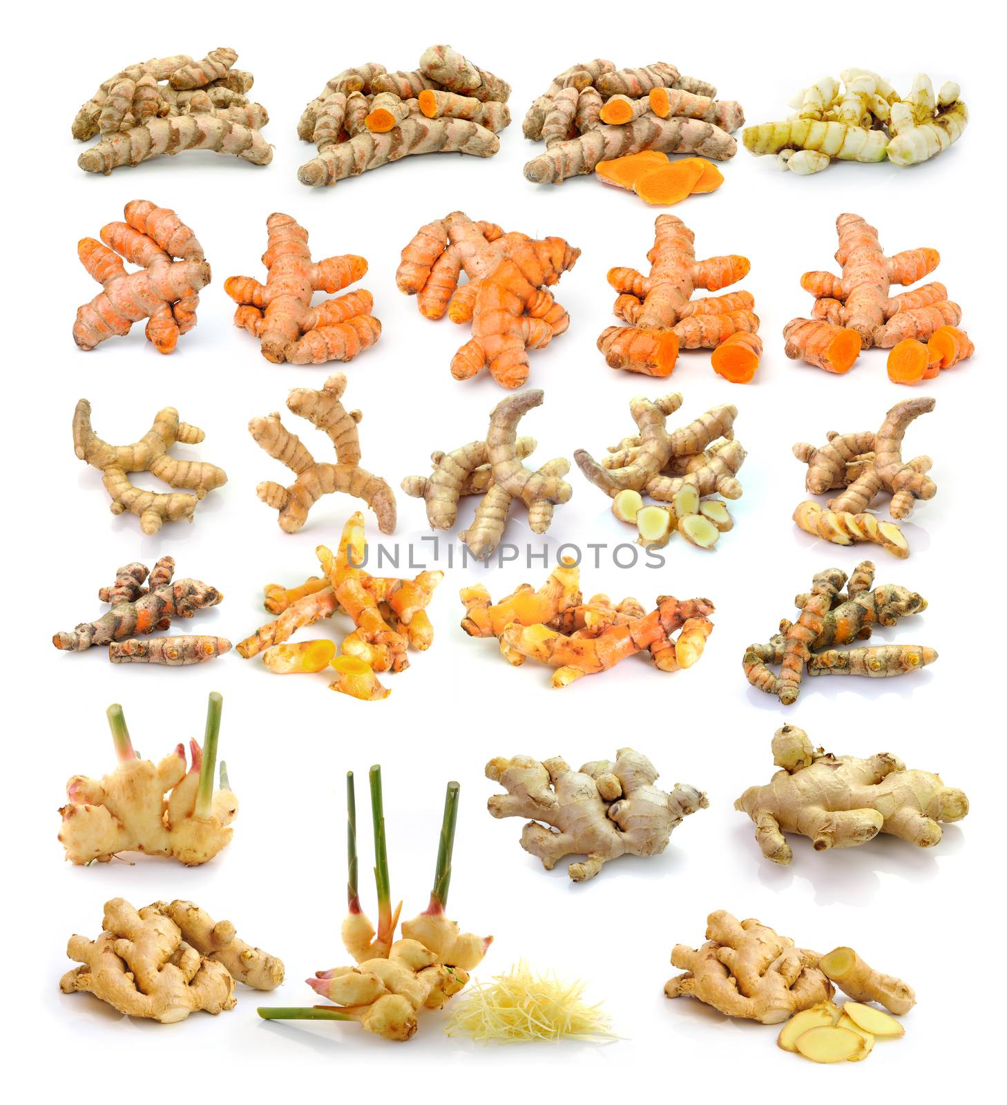 turmeric and ginger isolated on white background