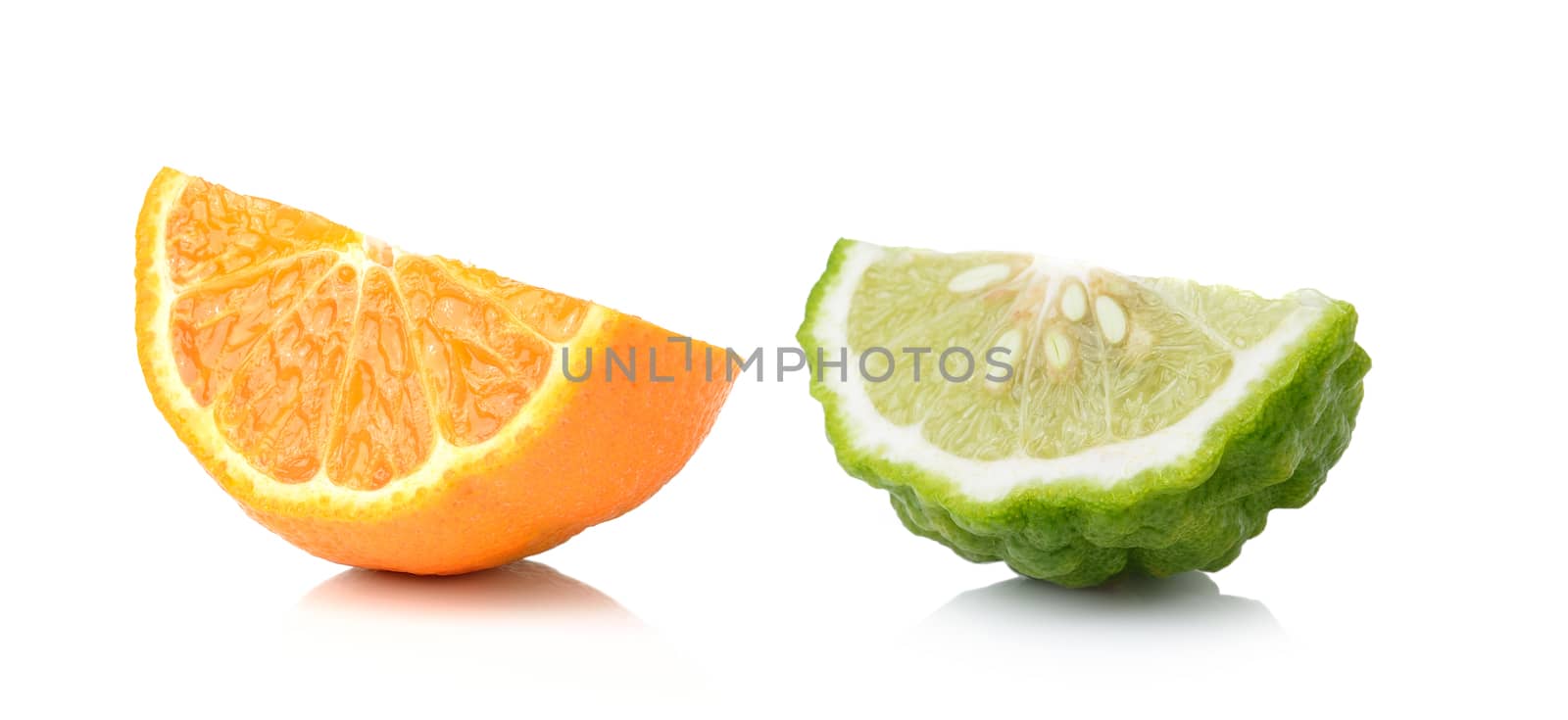 Half orange fruit and bergamot white background, fresh and juicy by sommai