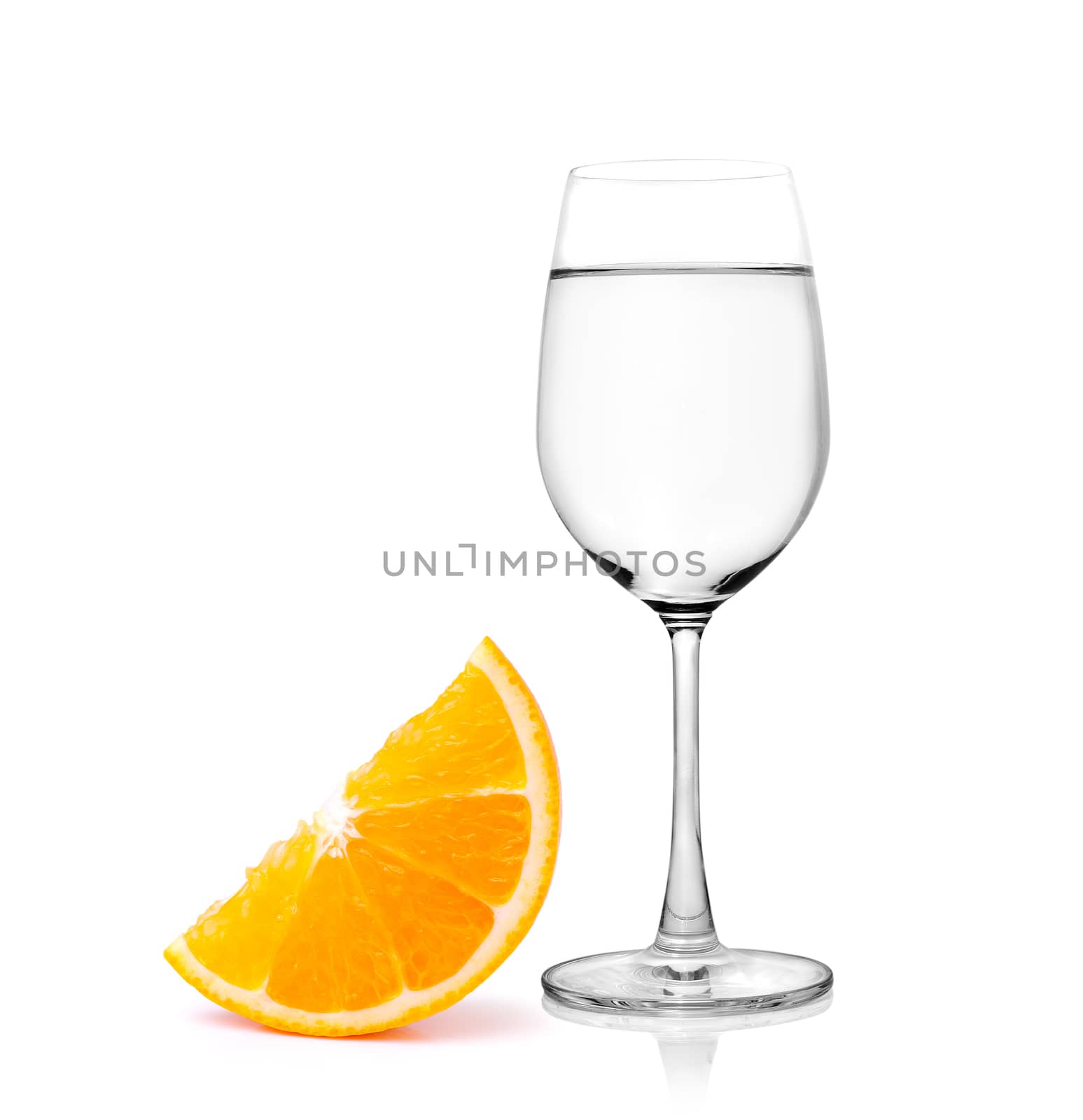 Glass of water and Half orange fruit on white background