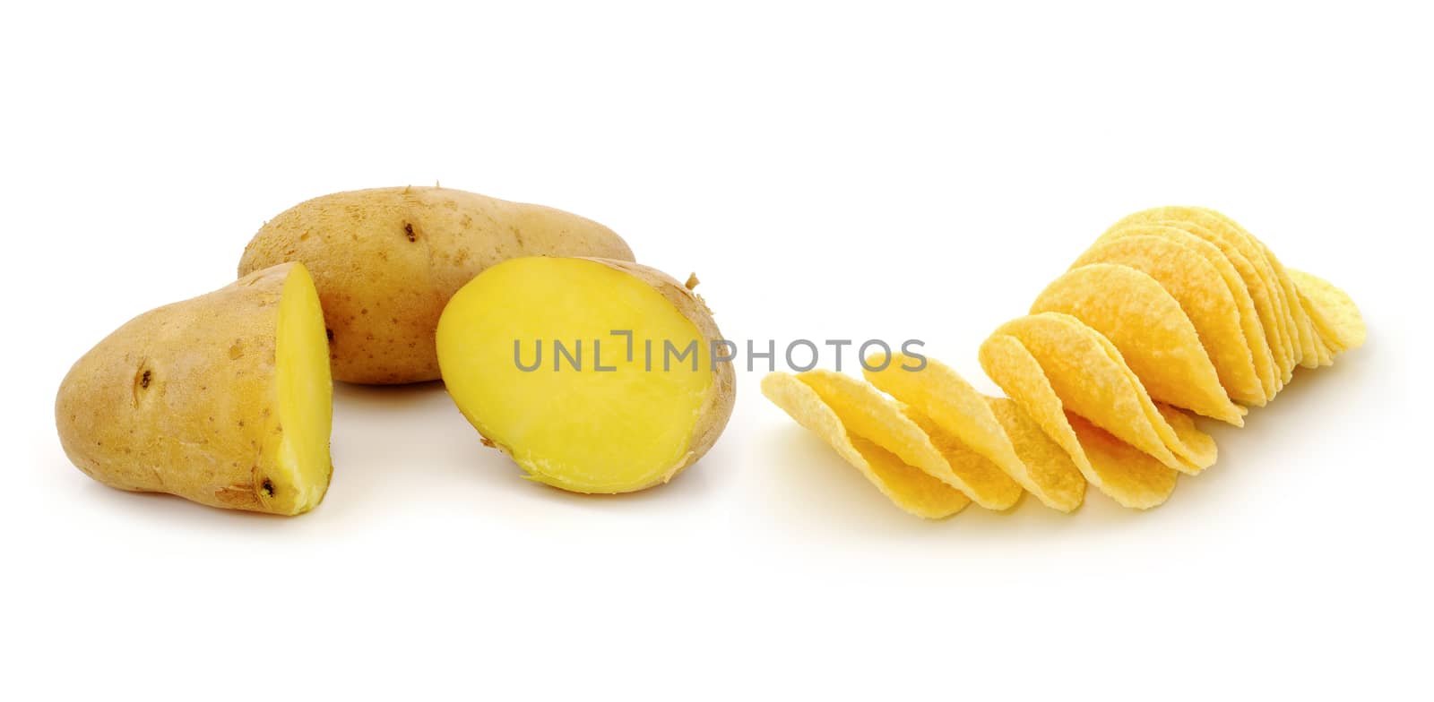 potato and Potato chips isolated on white background 