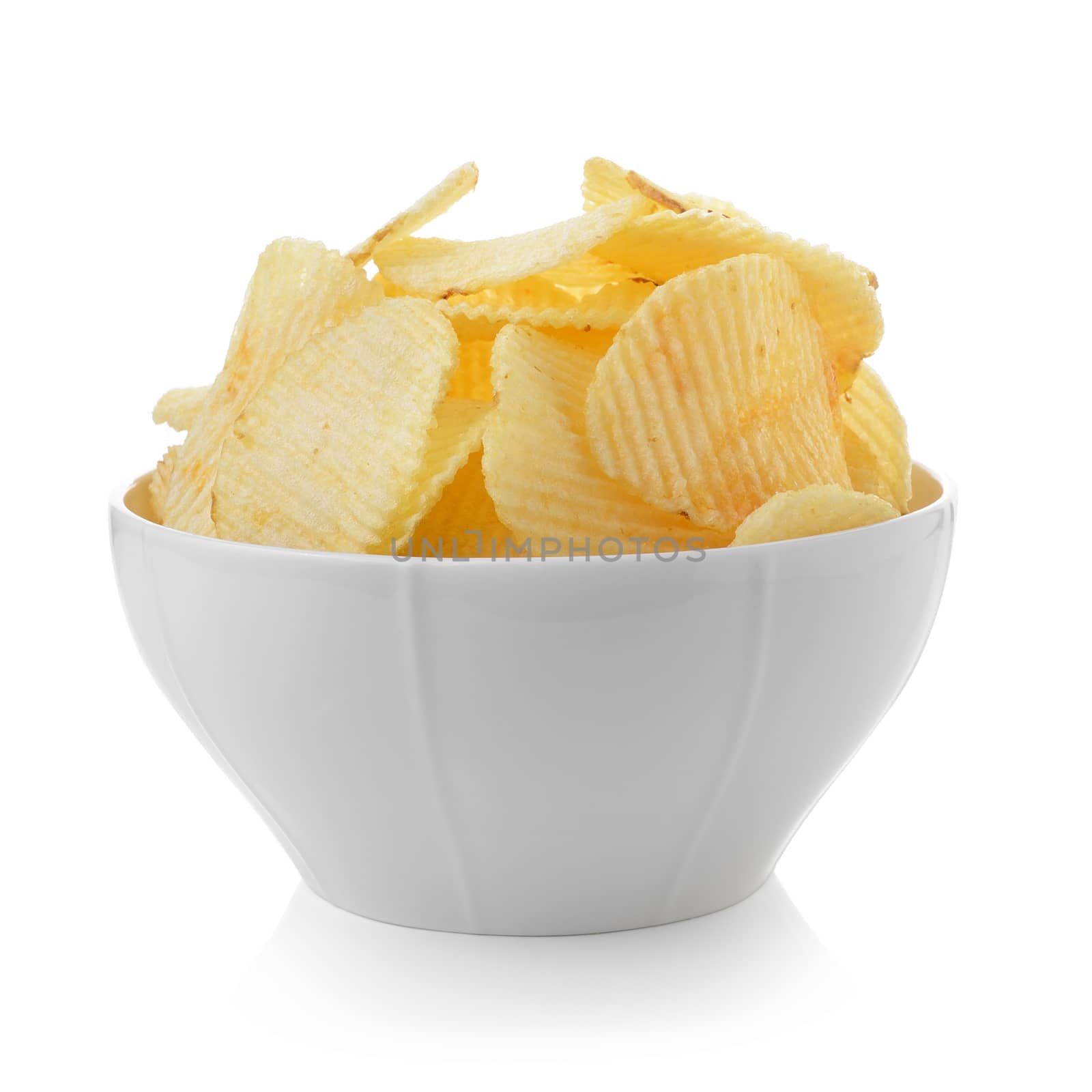 Bowl of potato chips on white background by sommai