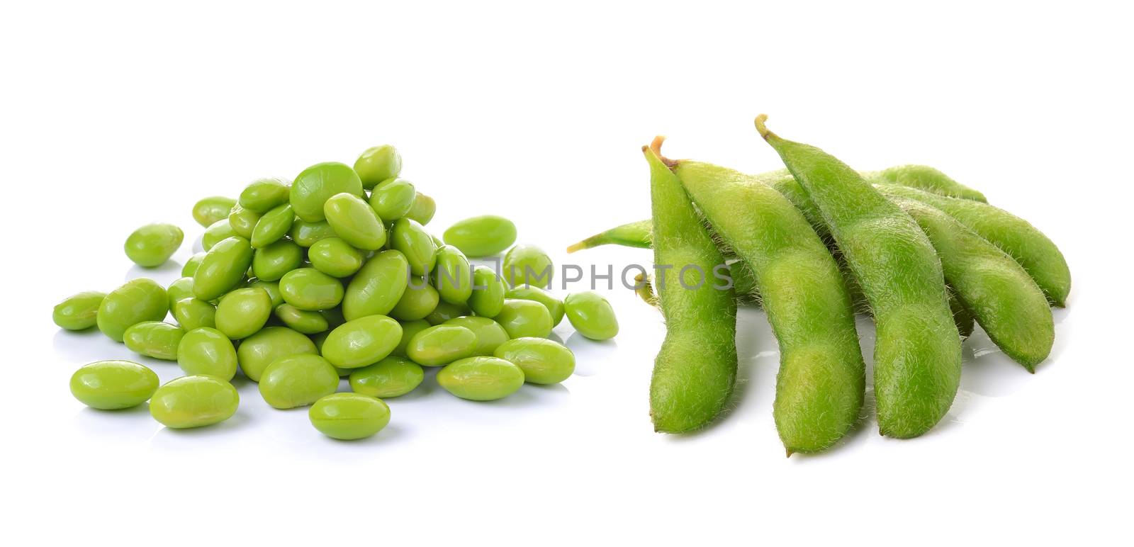 green soybeans on white background