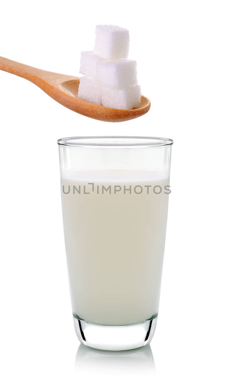 glass of milk  with sugar on a white background