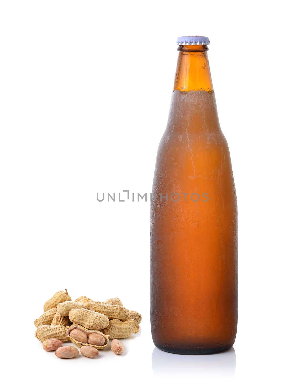 peanut and beer bottle on white background by sommai