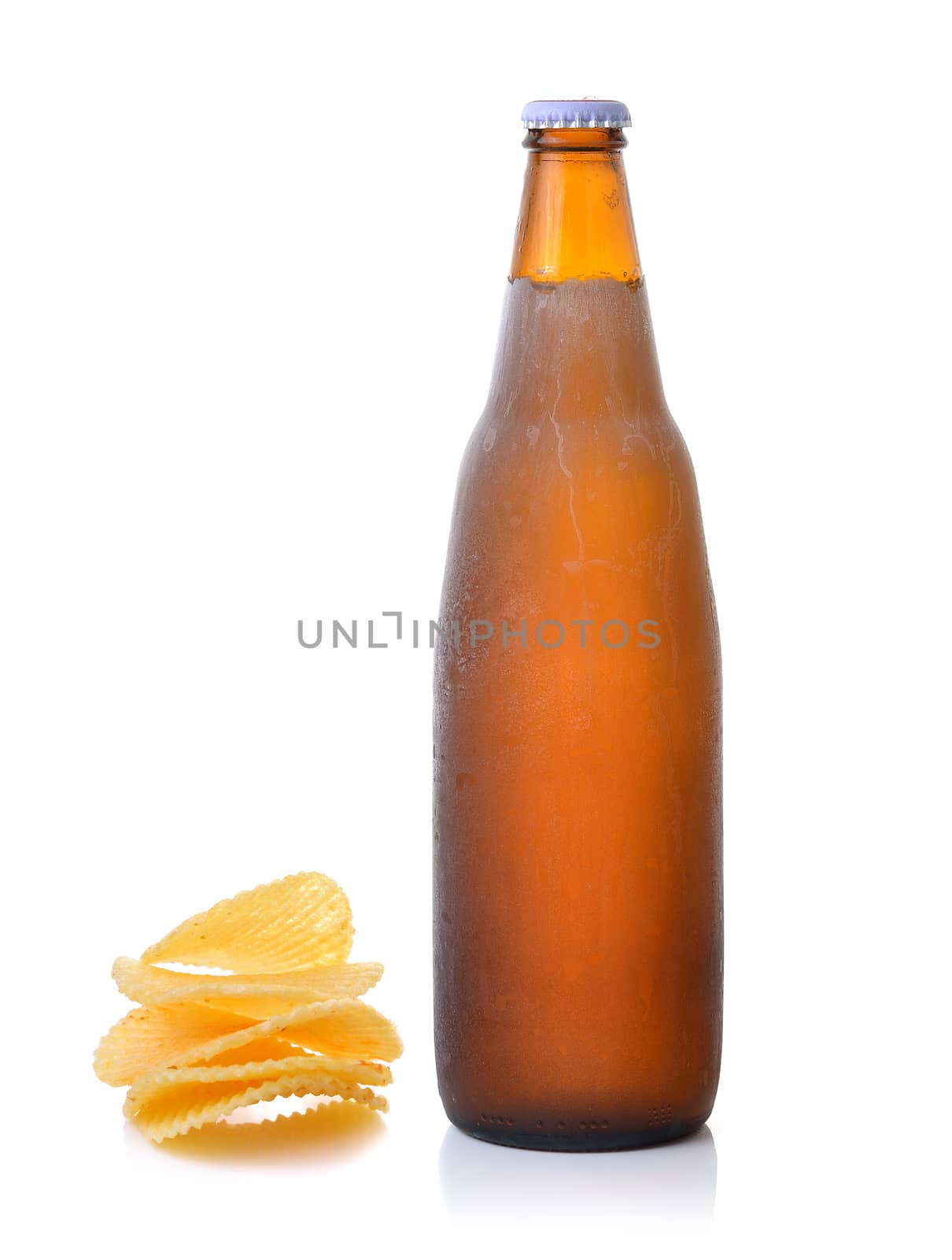 potatoes and beer on white background by sommai