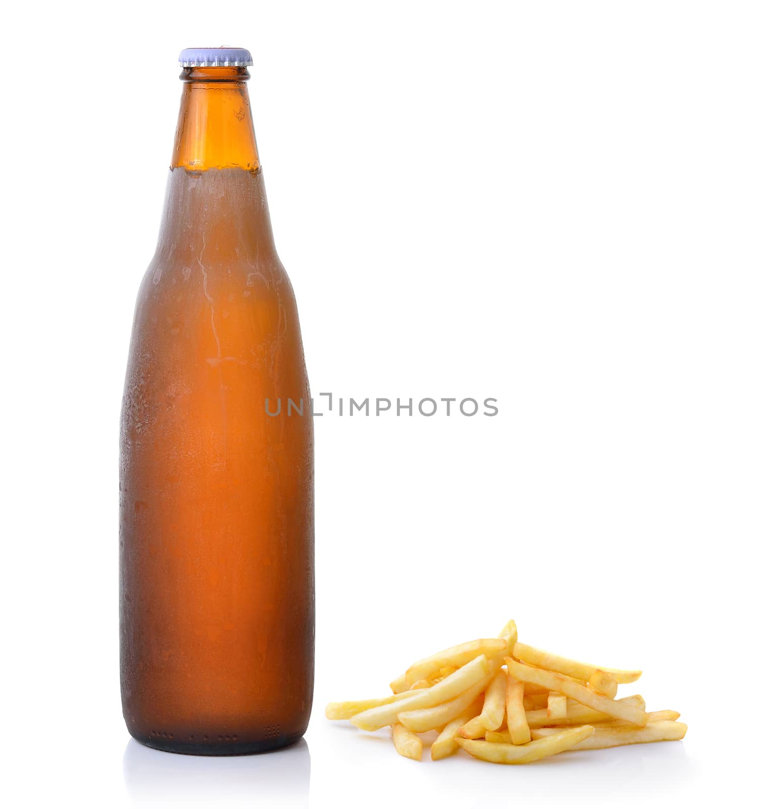 French fries and beer on white background by sommai