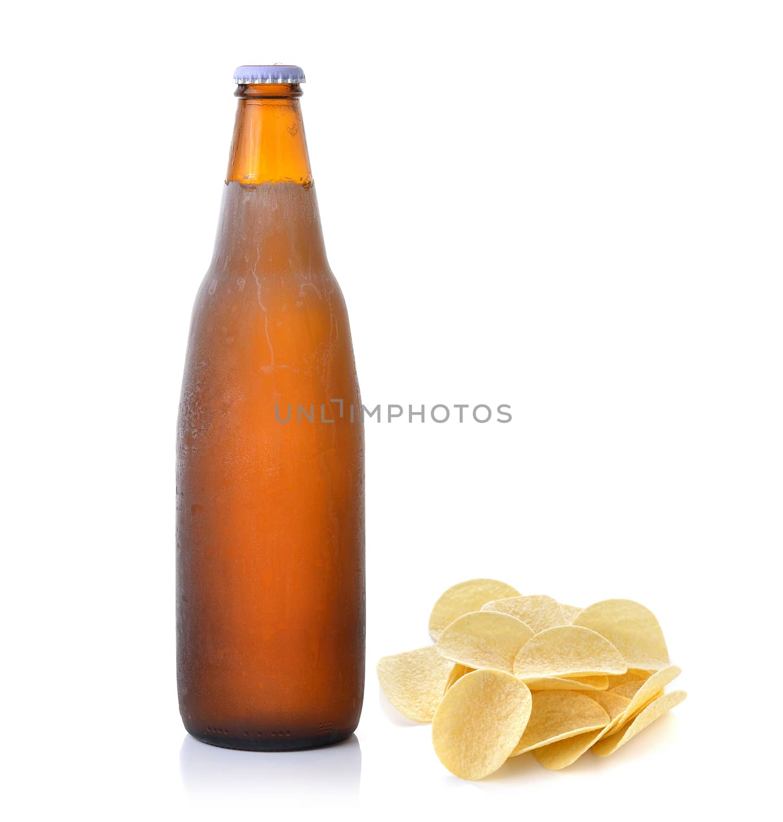 potatoes and beer on white background by sommai