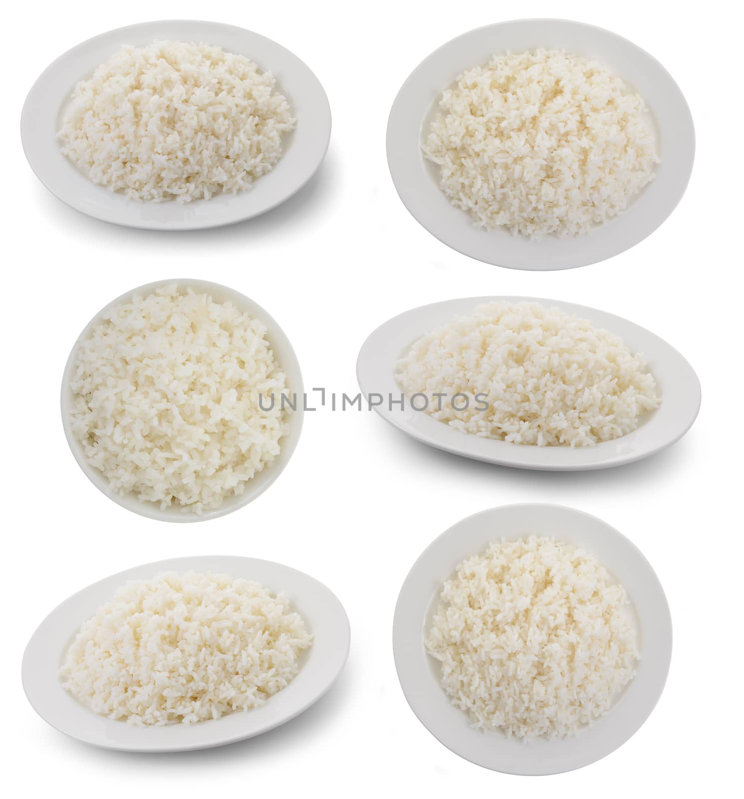 set of cooked rice in a white plate on white background by sommai