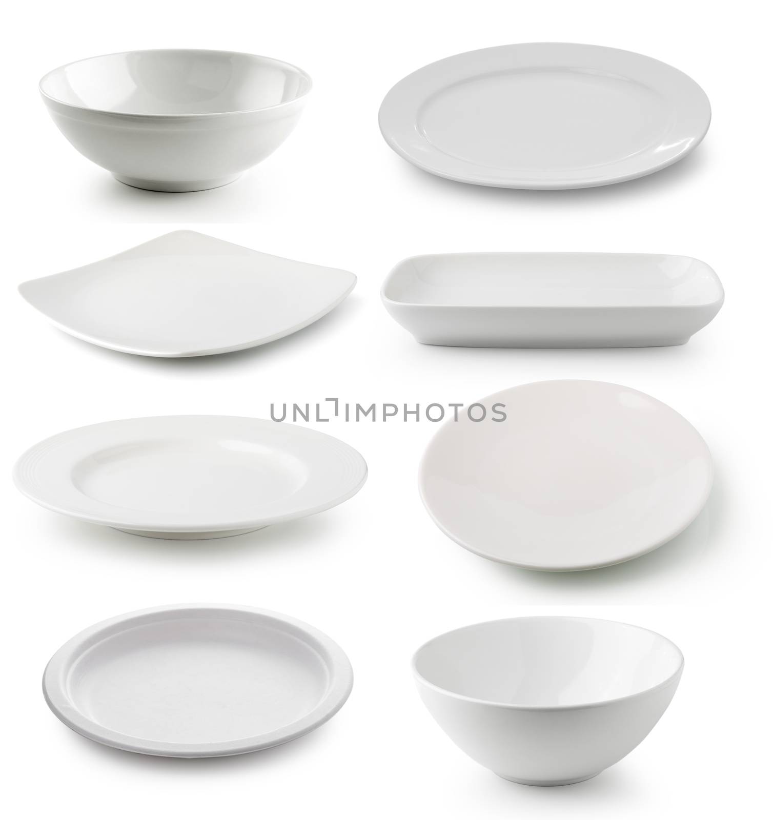 white  ceramics plate and bowl isolated on white background by sommai