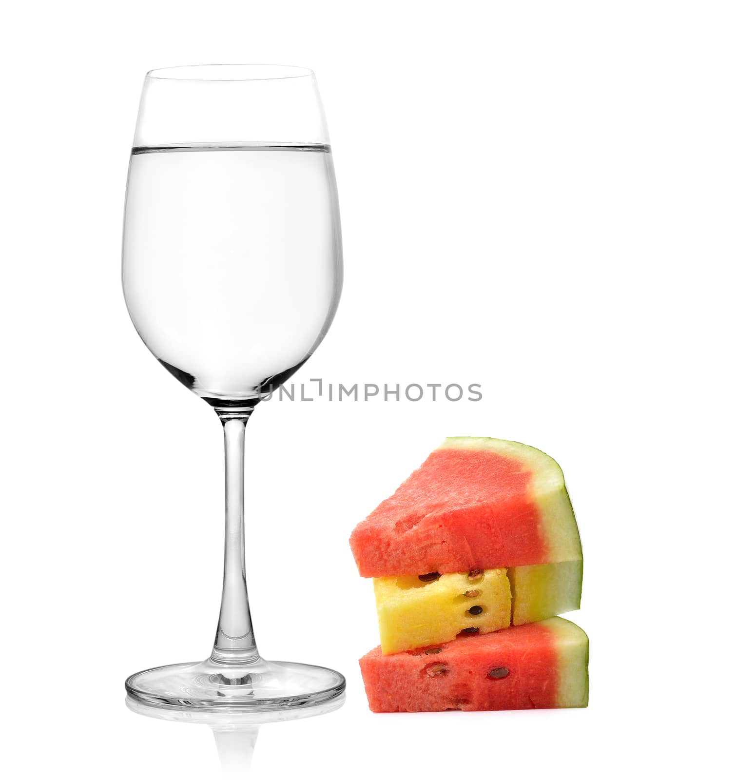 Glass of water and watermelon isolated on white background