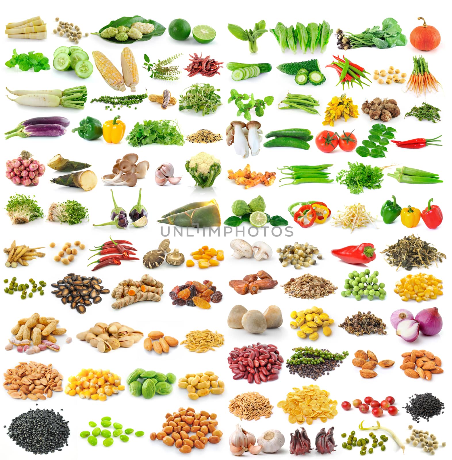 set of grains and vegetable on white background by sommai