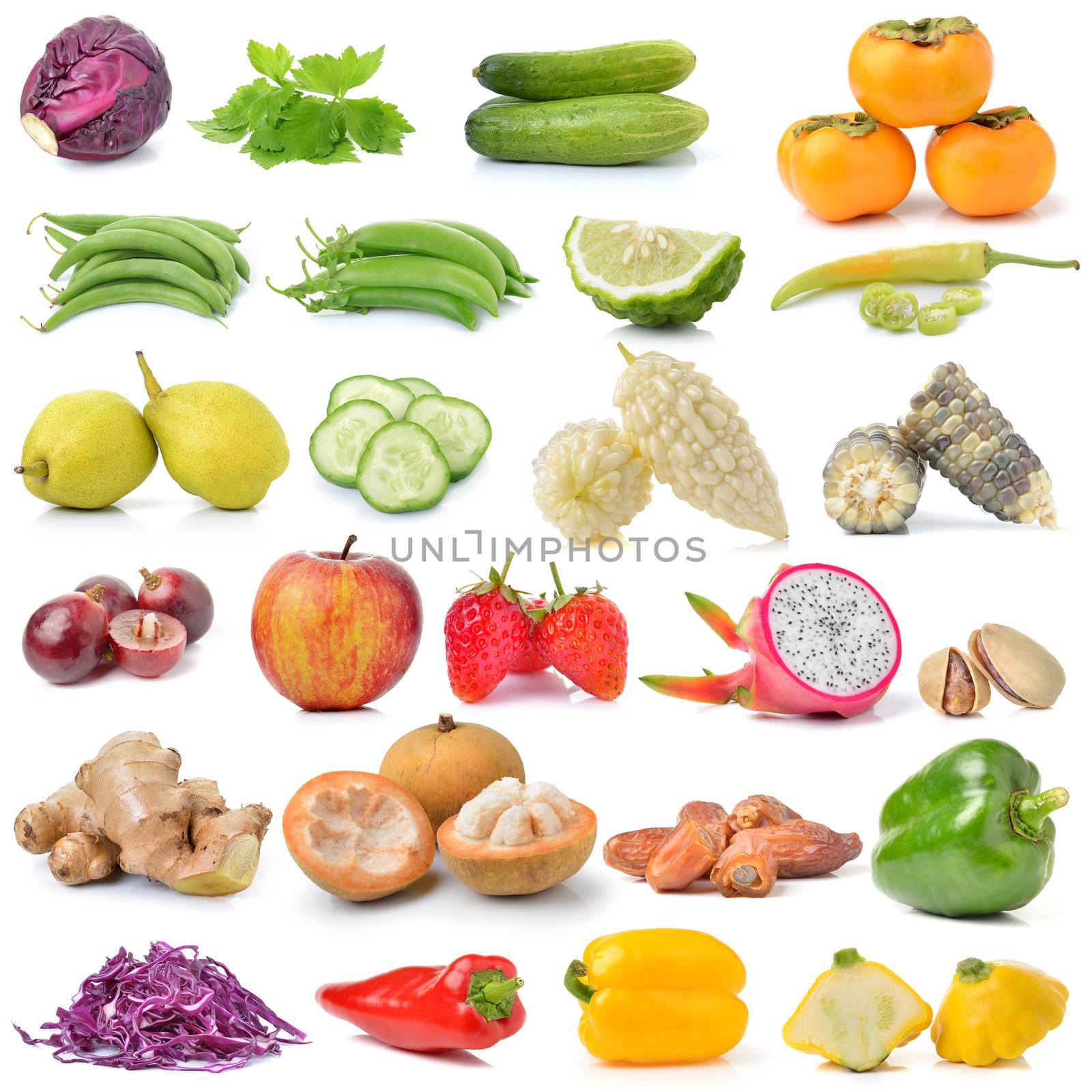 set of fruit and vegetable on white background by sommai
