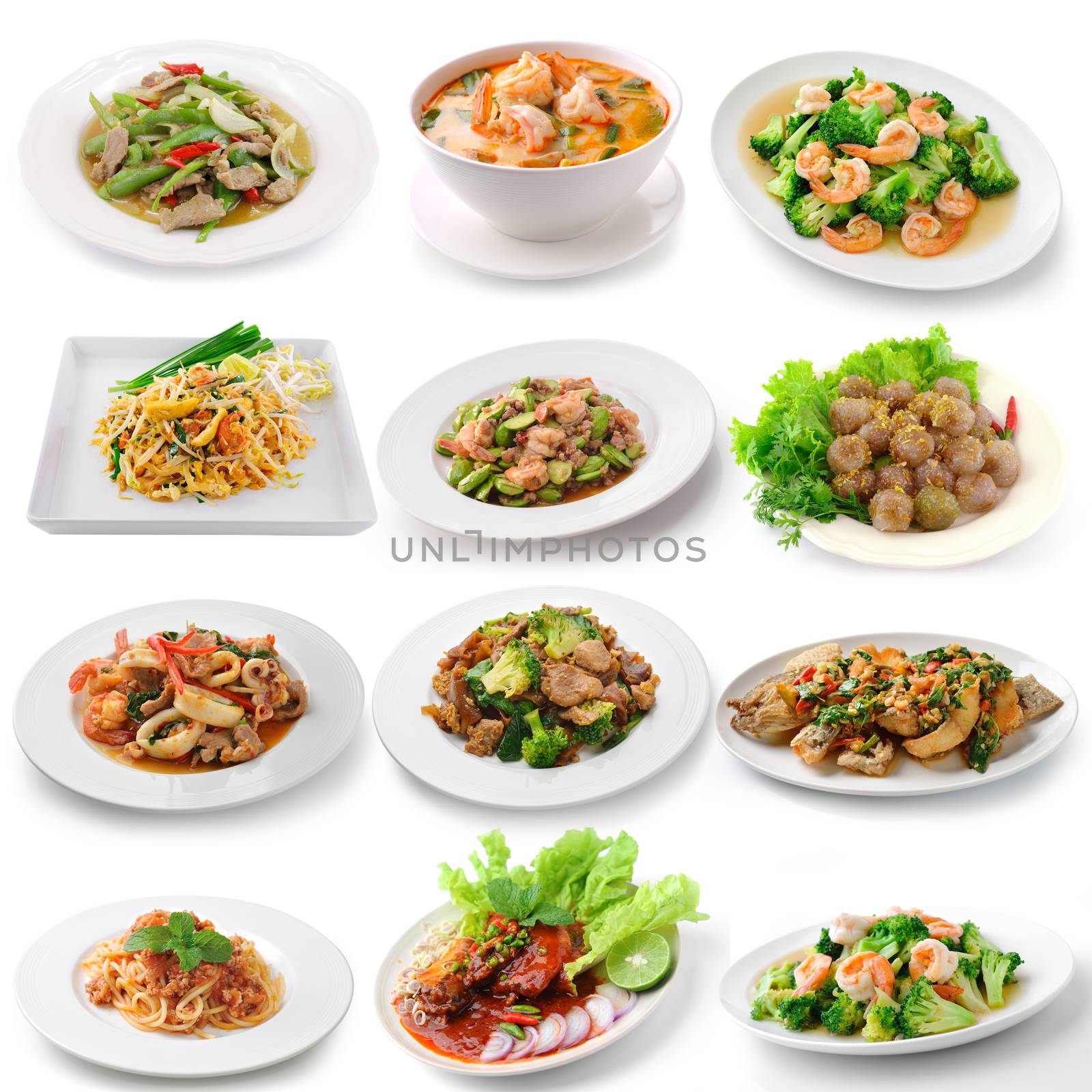 set of thai food on white background