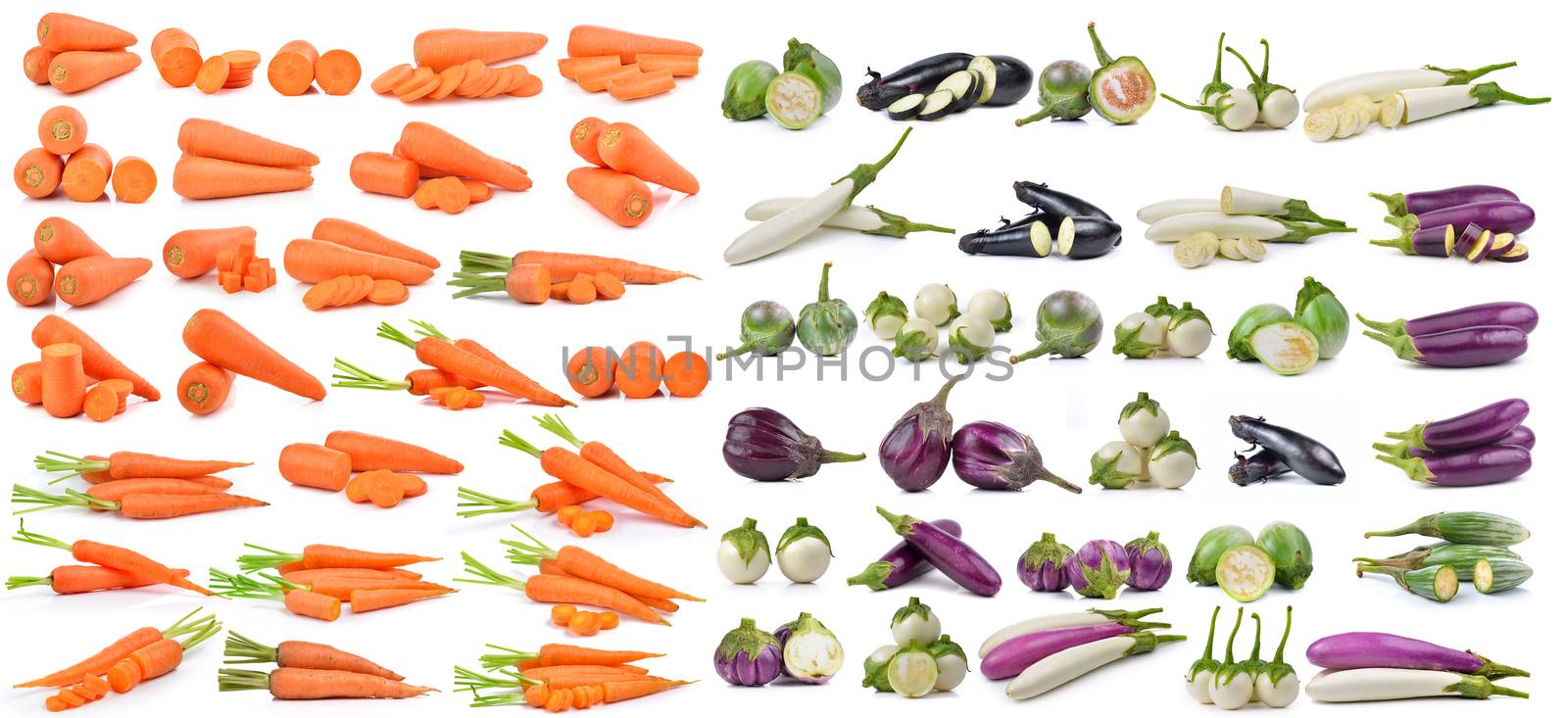 fresh carrots and eggplant isolated on a  white background